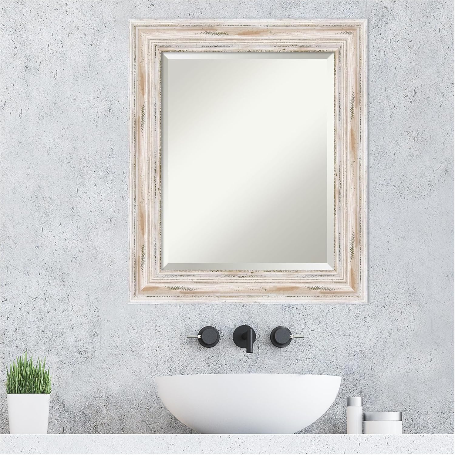Amanti Art White Bathroom Mirror for Over Sink, 25x21 Alexandria White Wash Rectangle Vanity Mirror, Small Coastal Wood Frame, Hangs Horizonally and Vertically, Bathroom Wall Decor, Beveled Edge