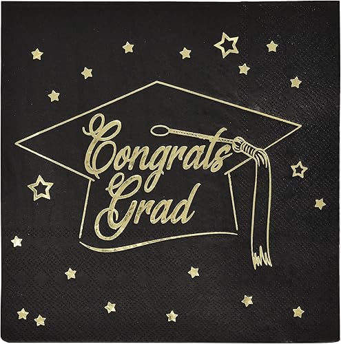 Miniatura 4 de Platos y servilletas de graduación de clase de 2023 para 50 invitados, juego de vajilla de papel desechable en lámina negra y dorada para