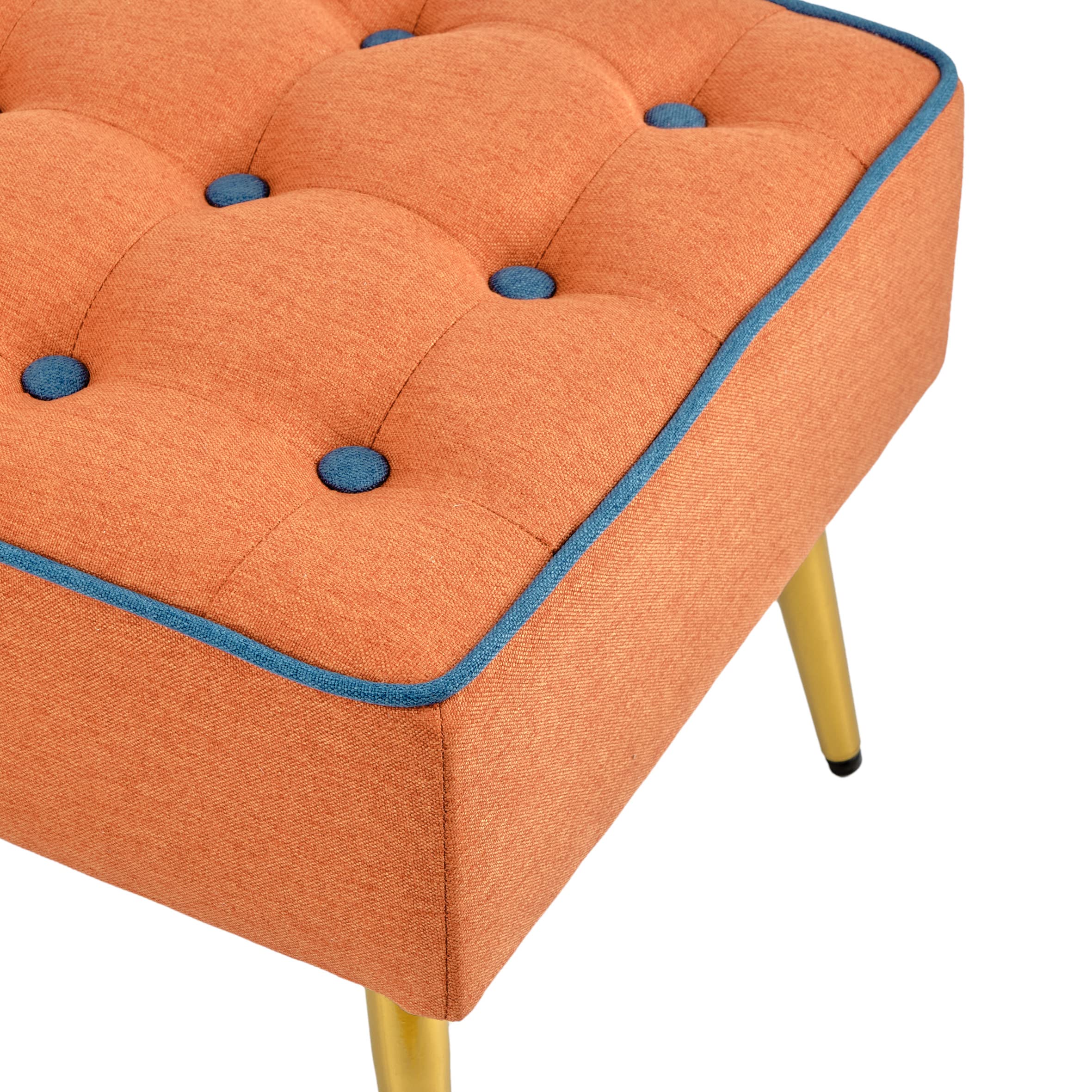 Baroni Home Gepolsterter Hocker aus Stoff, quadratischer Hocker mit Beinen aus Naturholz, Fußstütze, Stuhl, 40x40x35 cm, Orange, Blauer Rand
