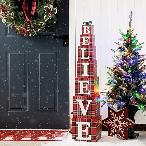 Miniatura 9 de Glitzhome Juego de bloques de letras decorativas de madera de doble cara de 42 pulgadas de alto con texto en inglés Believe de alto 7 cajas