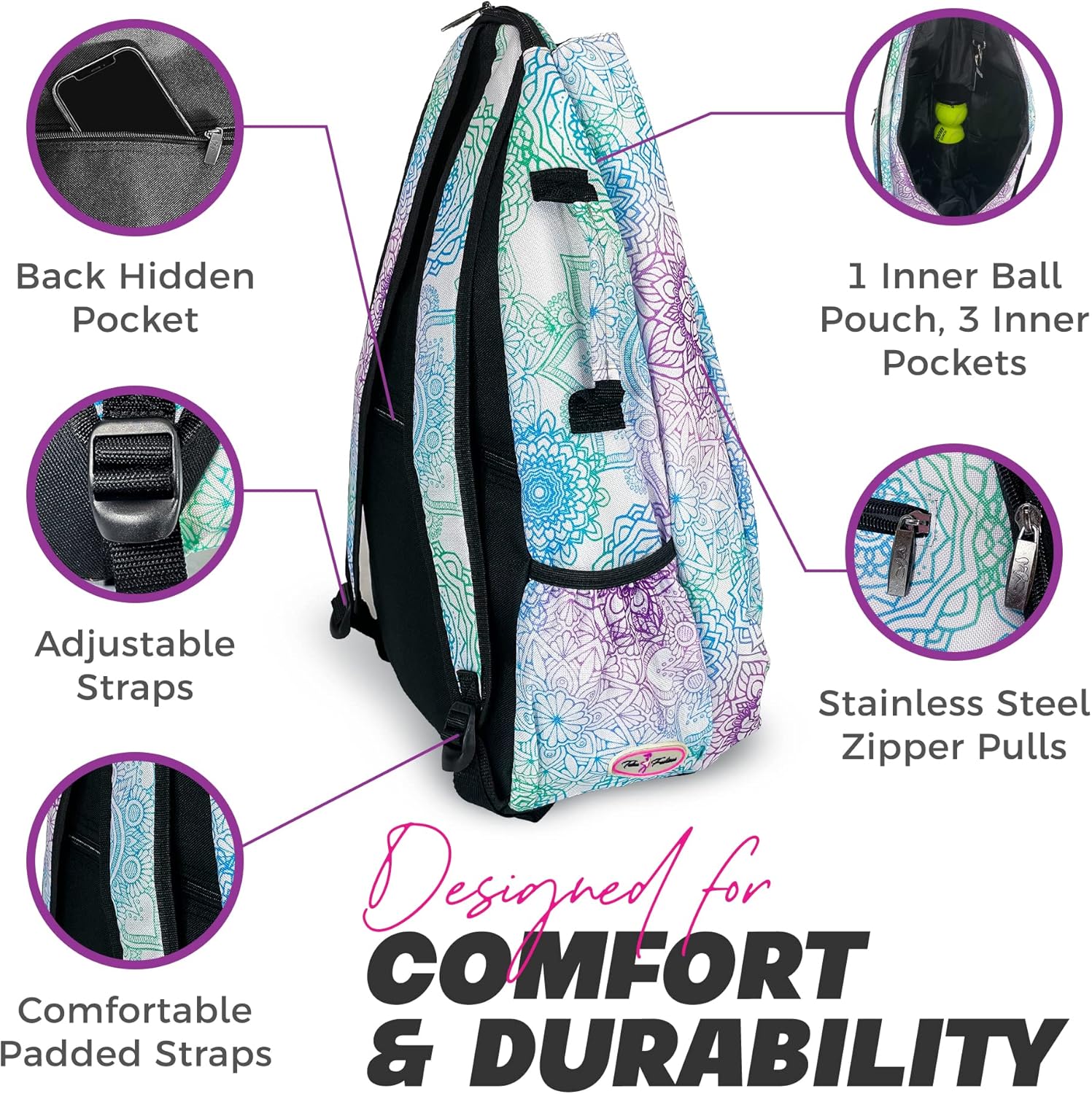 Womens Tennis Backpack - Taboo Fashions Ladies Tennis Bag Holds Two Racquets, Padded Straps and Side Carry Handle