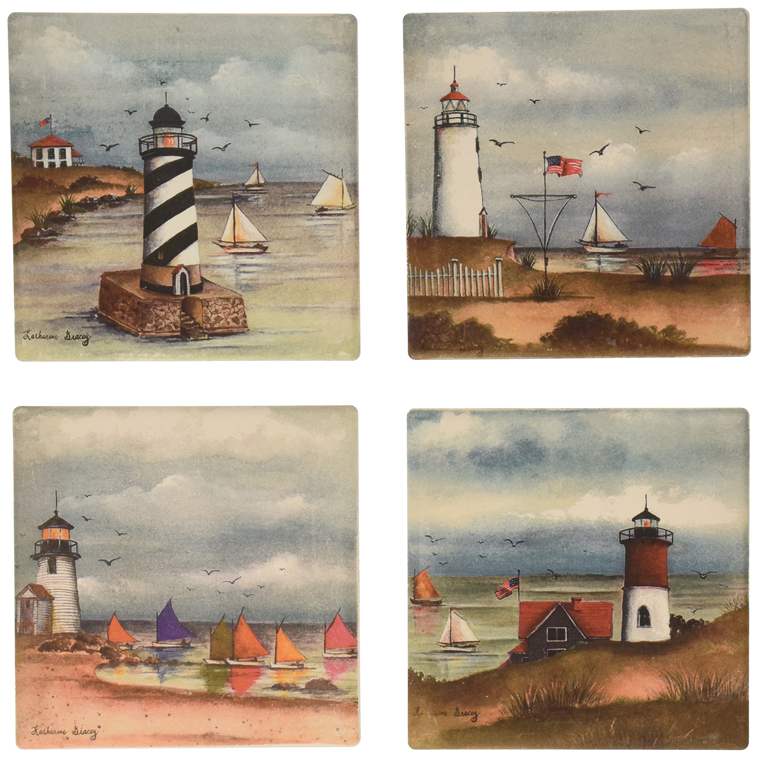 CoasterStoneAbsorbent Coasters, 4-1/4-Inch, "Coastal Lighthouses", Set of 4
