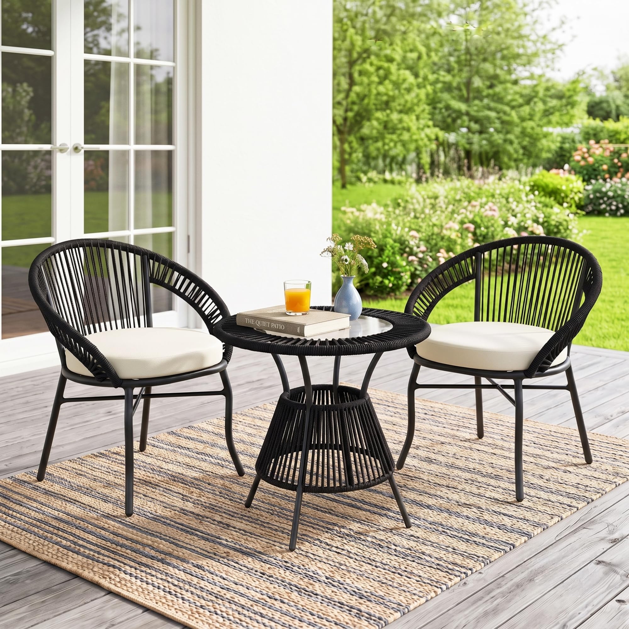 DEVOKO Outdoor 3-Piece Patio Rope Conversation Set with Glass Top Table, Powder-Coated Metal Frame & Water-Resistant Cushions for Balcony, Garden, Terrace (Black & Off-White)-image-41