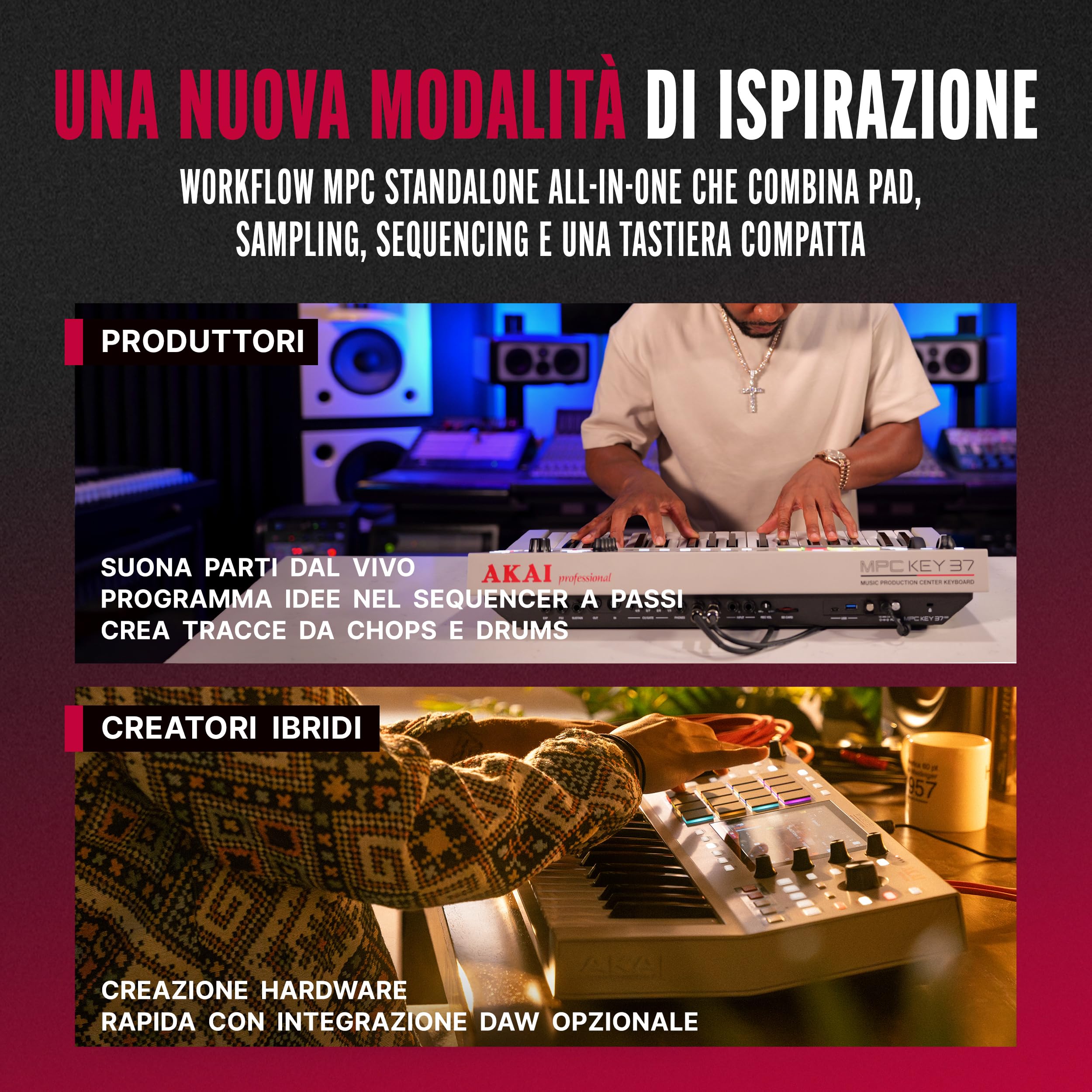 Akai Professional MPC Key 37 G2 Tastiera di produzione standalone Next-Gen | Sintetizzatore per producers, sampling & sequencing, con USB-C, 37 tasti, 16 pad MPC, processore 8-core, 4 GB RAM
