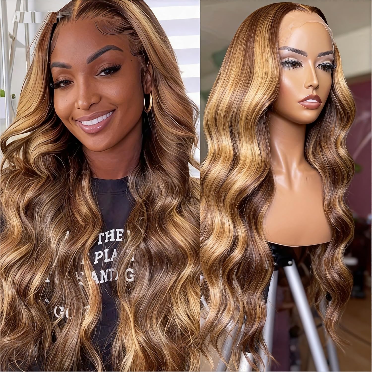 30 Inch Honey Blonde Ombre Lace Front Wig Hair,brown highlighted wig hair, Lace Front Wig Highlight Ombre Body Wave Lace Frontal Glueless Wigs