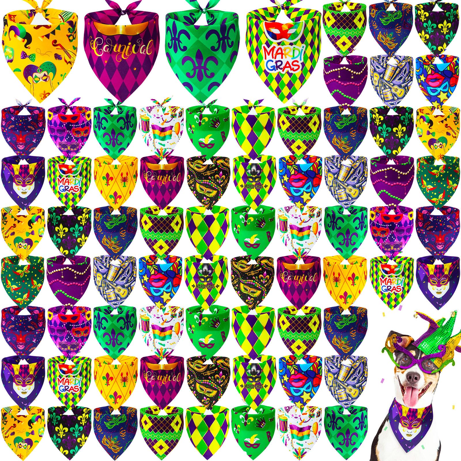 Locmeo 100 Pcs Mardi Gras Dog Bandanas Bulk Carnival Dog Bandanas Adjustable Clown Mask Pet Bibs Triangle Scarf Mardi Gras Holiday Costume for Small