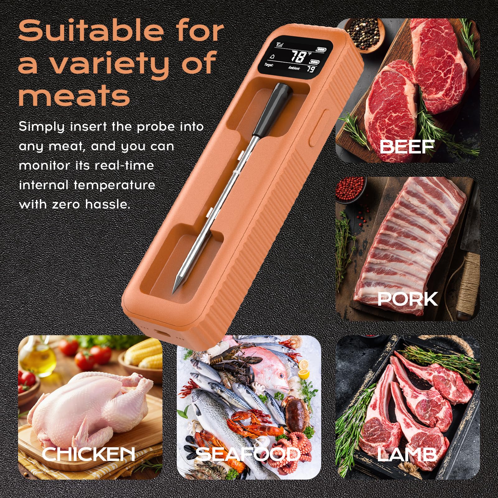 Termómetro de carne inalámbrico Bluetooth inteligente con alcance de 500 pies y alertas de aplicación, termómetro digital de cocina de sonda única para asar, ahumar, horno, cocina, perfecto para