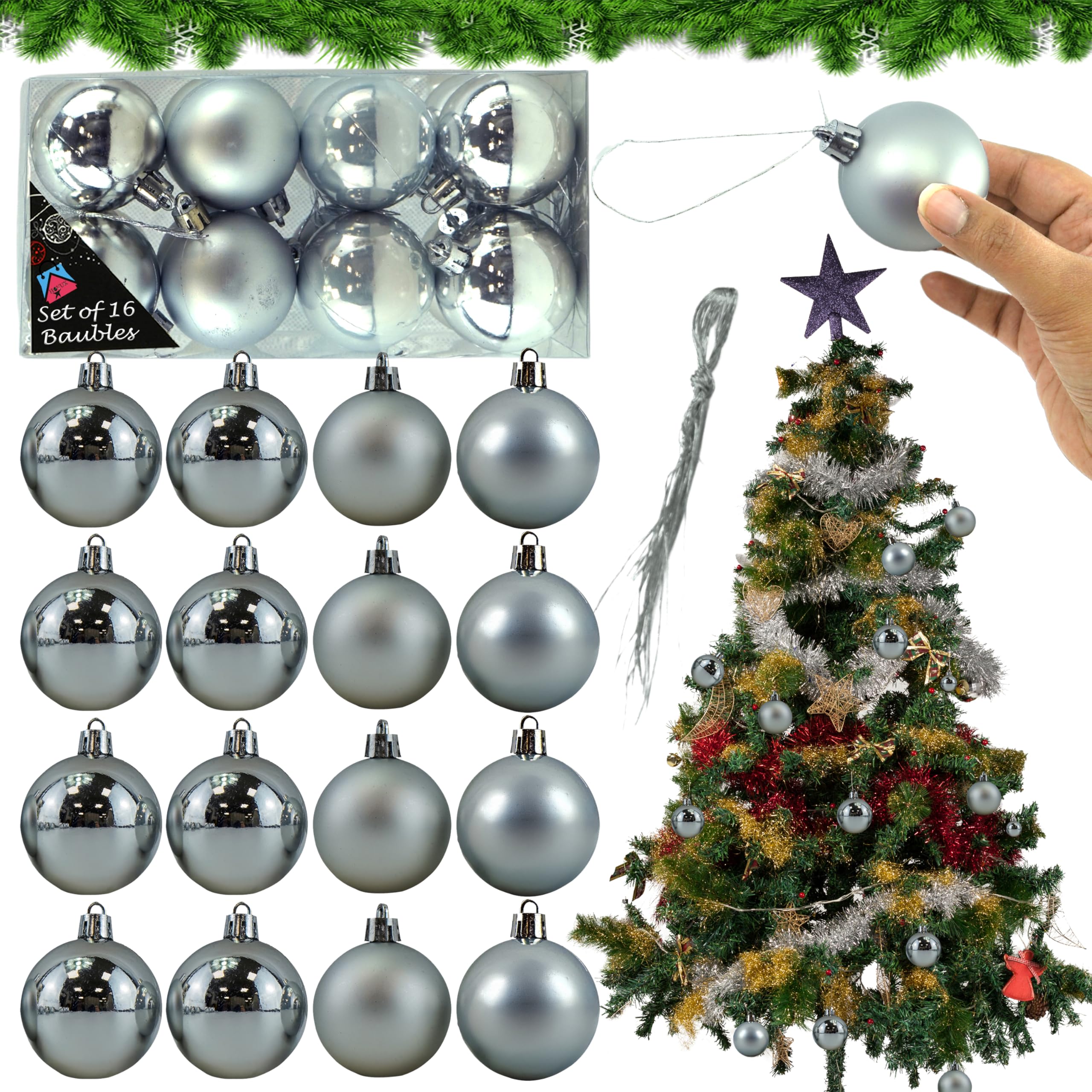 Srv Hub 16Pk - Silver Baubles 16Pcs Silver Christmas Tree Decoration - Silver Ball Christmas Tree Ornaments With Metallic Strings For Wedding, Birthday Party