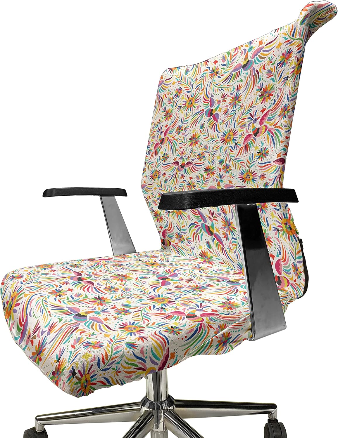 Ambesonne Mexican Office Chair Cover, Colorful Nature Inspired Pattern Birds Flowers Leaves and Dots Creativity, Stretchable Decorative Universal Size High Back Printed Slipcover, Red Cream
