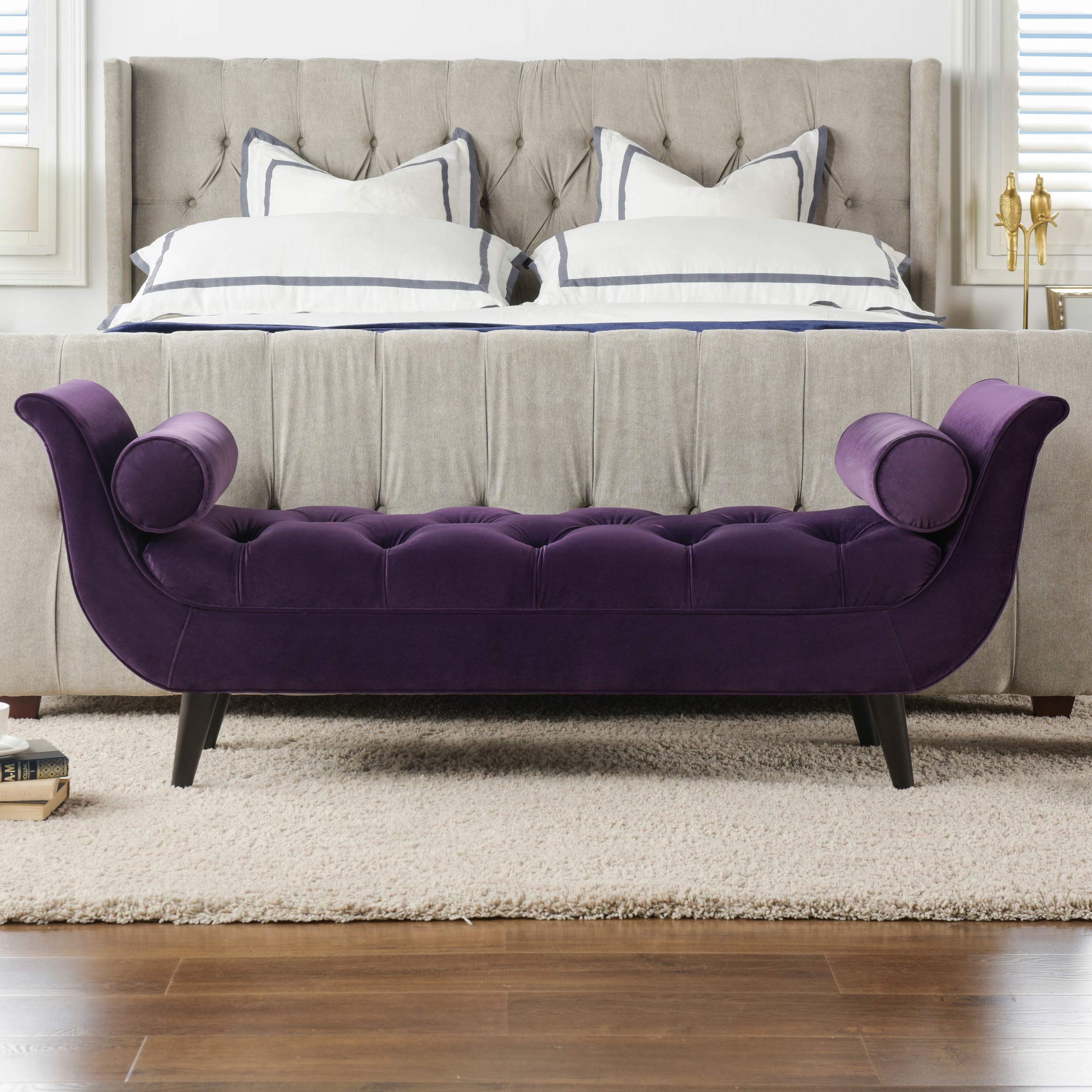 Tufted Flared Arm Entryway Bench, Purple Velvet