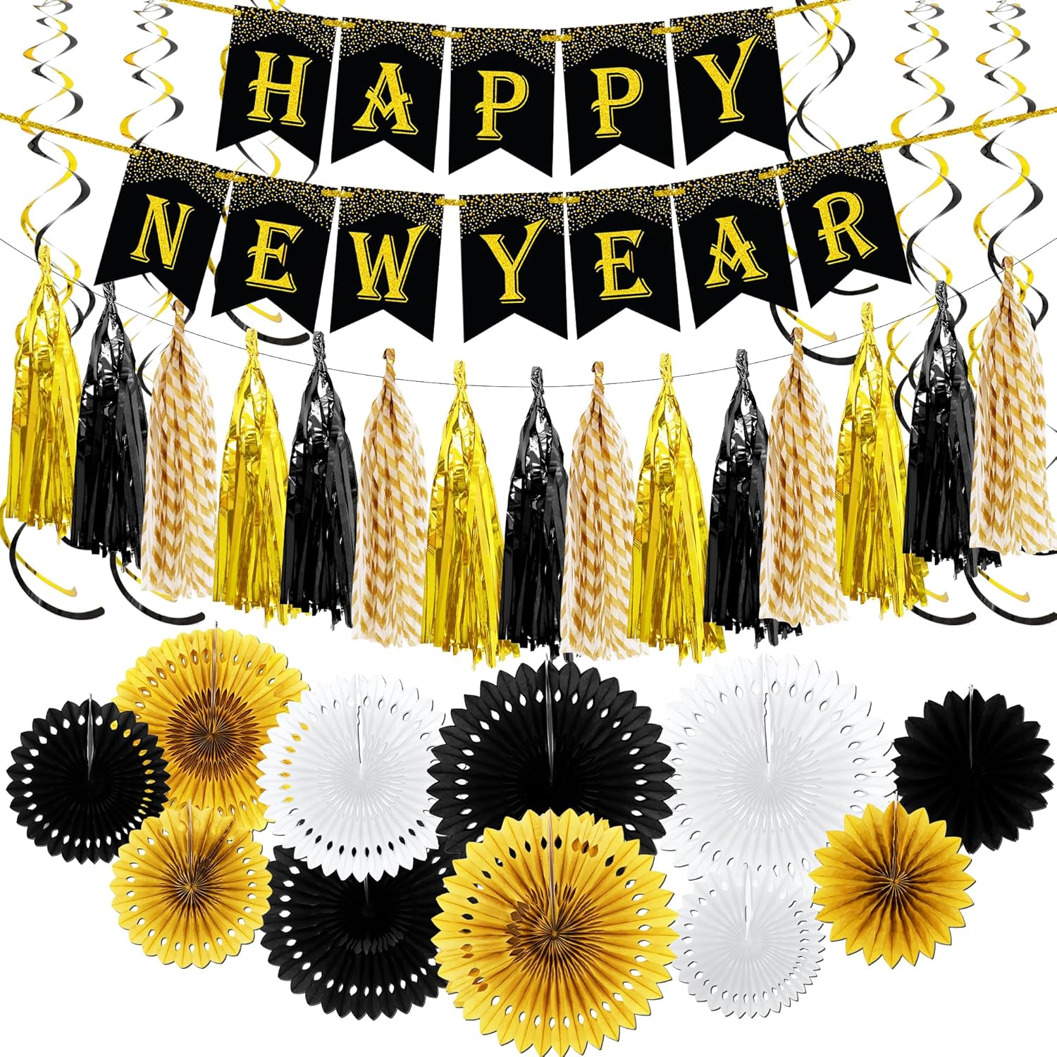 KatchOn, Happy New Year Decorations 2025 Set - Pack of 47 | Happy New Year Banner, Paper Fans, Swirls and Tassels | Multicolor Disco Ball Balloons | Disco Balloons, New Years Eve Party Supplies 2025