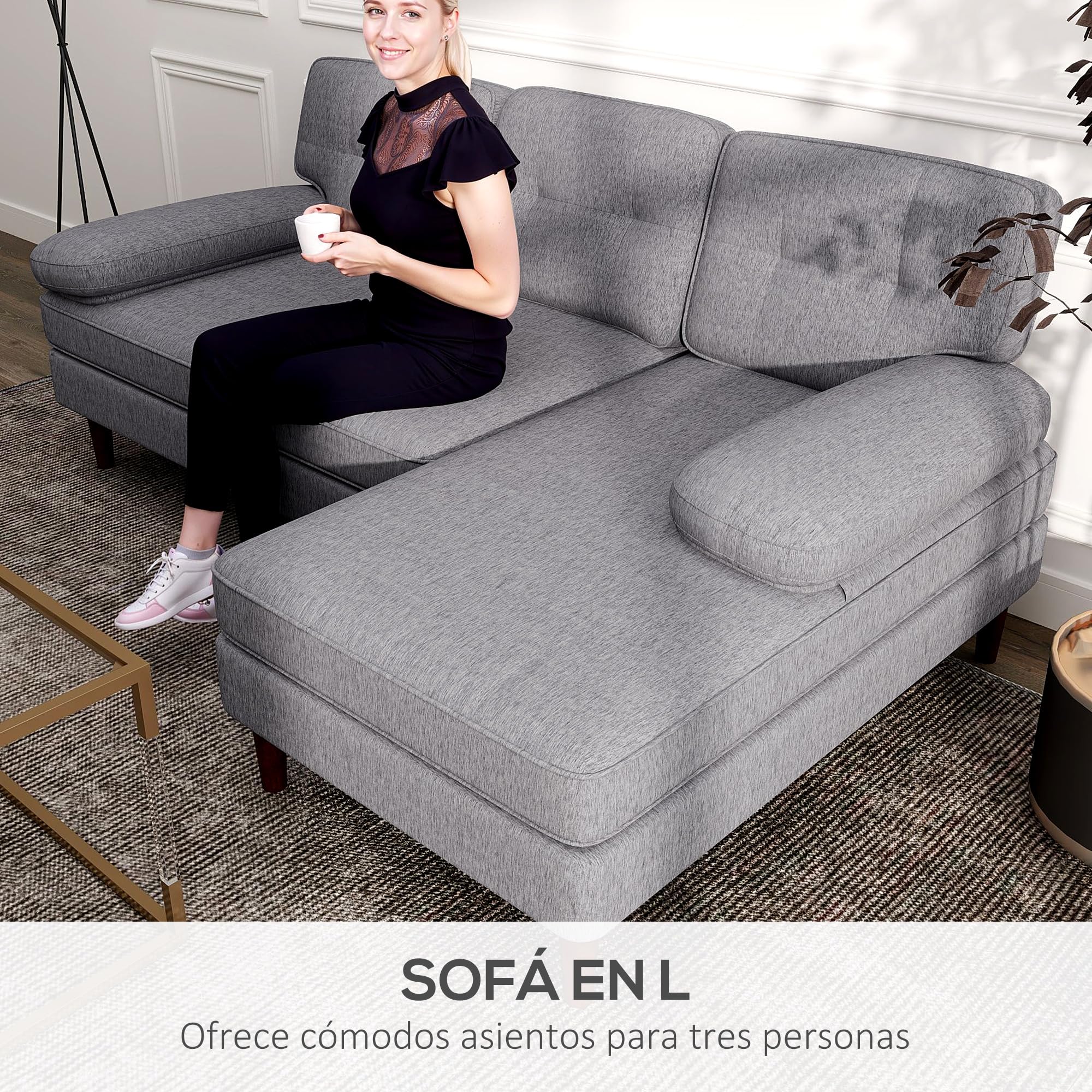 HOMCOM Sofá Esquinero de 3 Plazas Tapizado en Chenilla 215x142x88 cm Gris | Sofá Chaise Longue en Forma de L, Patas de Madera y Reposabrazos, Estilo Moderno, para Salón