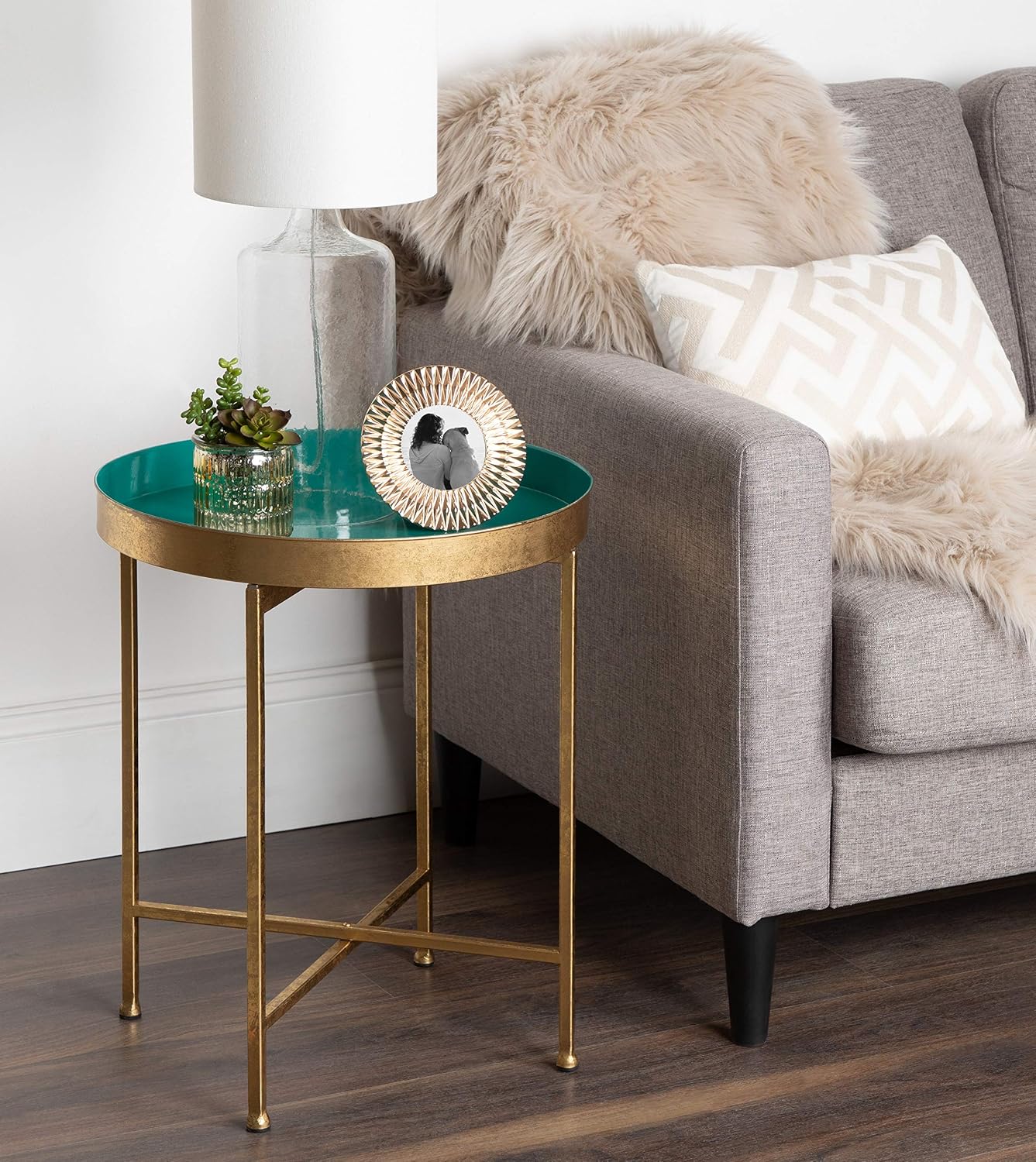 Kate and Laurel Celia Metal Foldable Round Accent Table, 18.25" x 18.25" x 22", Teal and Gold, Modern Minimalist Design and Detachable Magnetic Tabletop