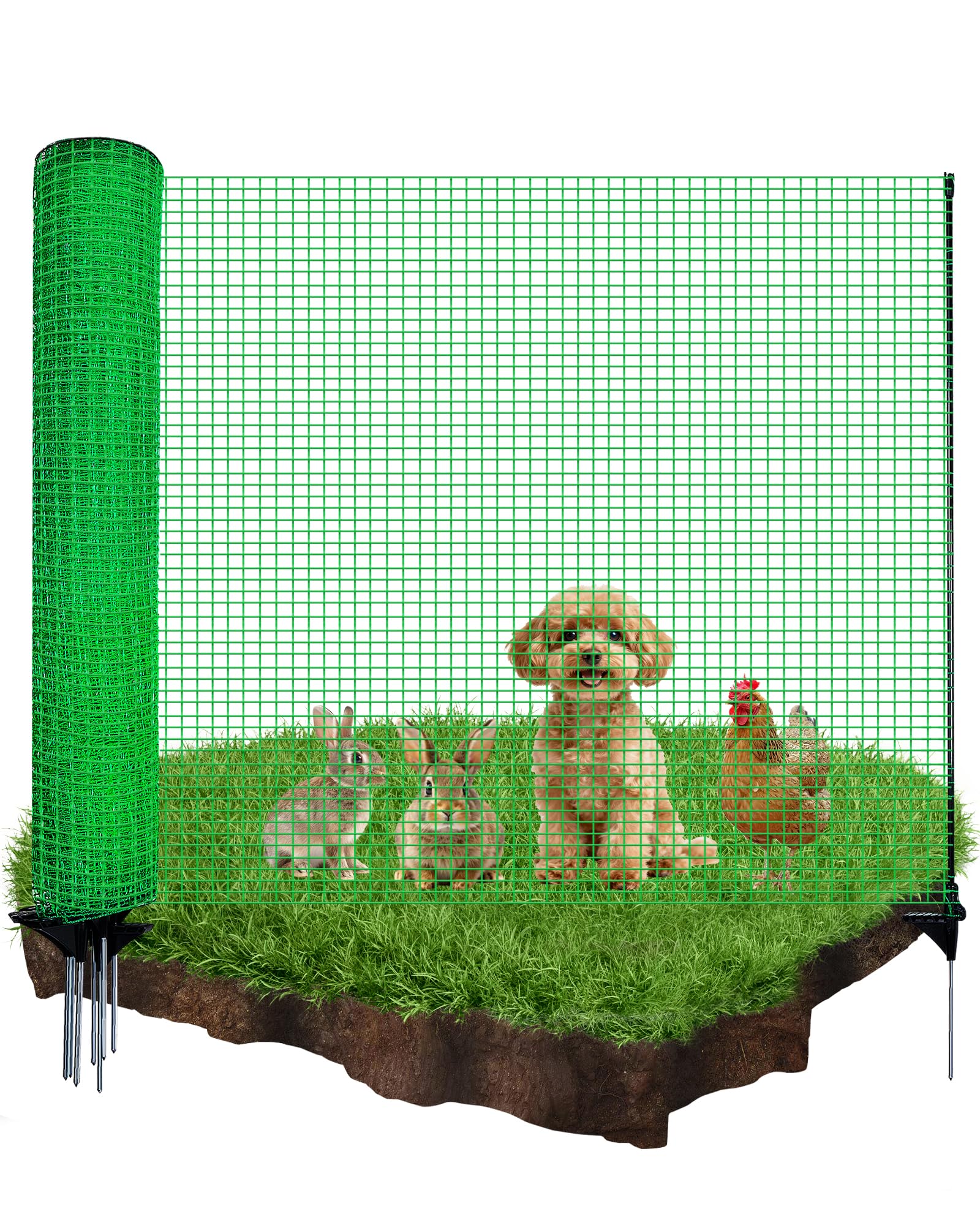 Mobiler Begrenzungszaun ohne Strom, 90 cm hoch, 25 m Gartennetz mit 15 integrierten Pfählen – feinmaschiger Steckzaun für Garten & Camping, geeignet für Hunde & Beetschutz, Komplettset