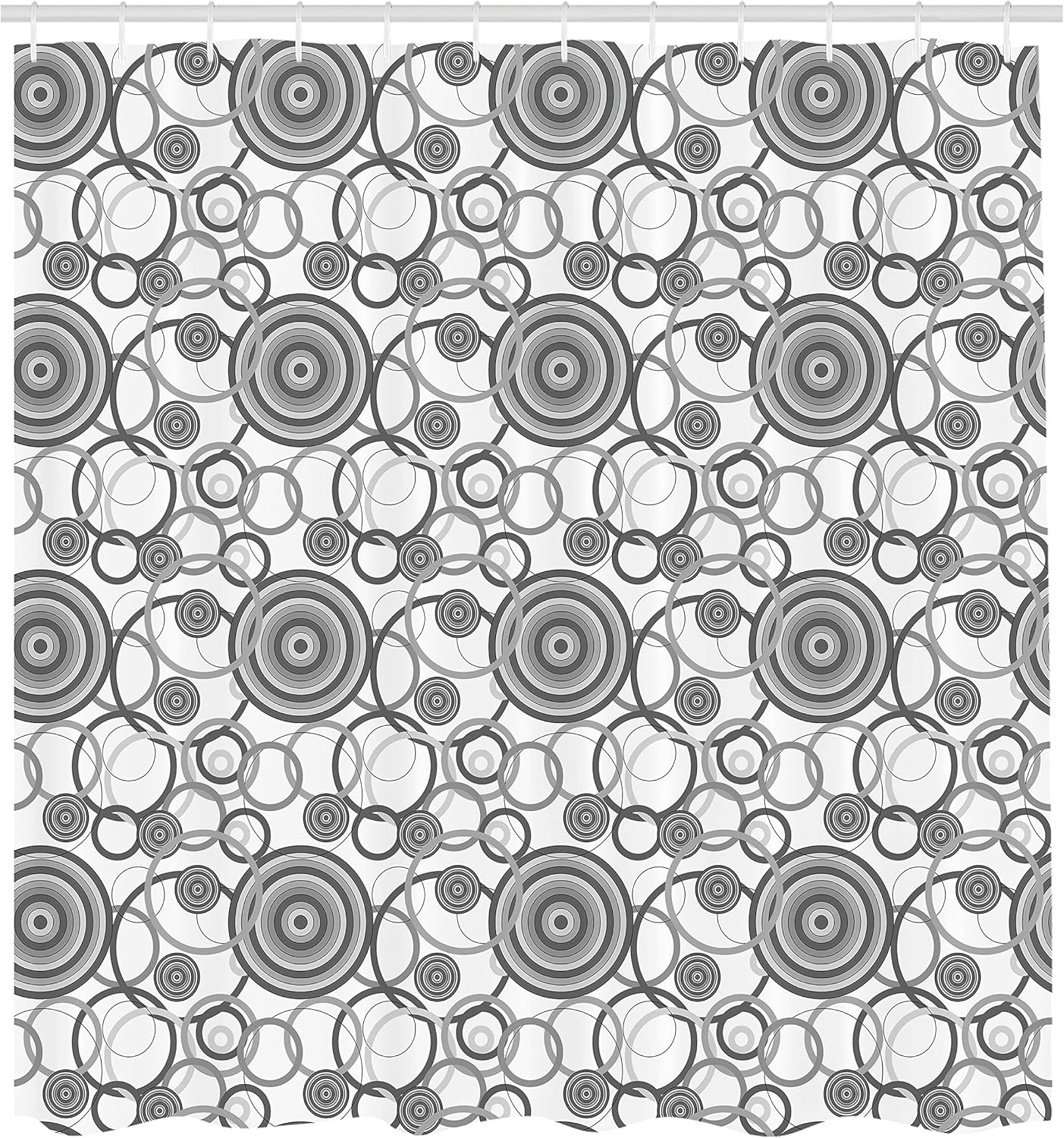 Ambesonne Grey Shower Curtain, Swirling Circles in Movement Retro Style Simple Modern Patterns Graphic Print Home, Cloth Fabric Bathroom Decor Set with Hooks, 70" Long, Grey White