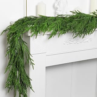 Watayo 2 Pcs Christmas Norfolk Pine Garland, 6 Ft Dense Real Touch Pine Garland Ornament, Realistic Artificial Pines Greenery Garlands for Mantle, Table, Fireplace, Indoor, Outdoor Xmas Decoration