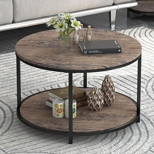 Miniatura 13 de Mesa de centro redonda de 36 pulgadas, superficie superior de madera rústica y patas de metal resistentes, mesa industrial para sala de estar, Nogal