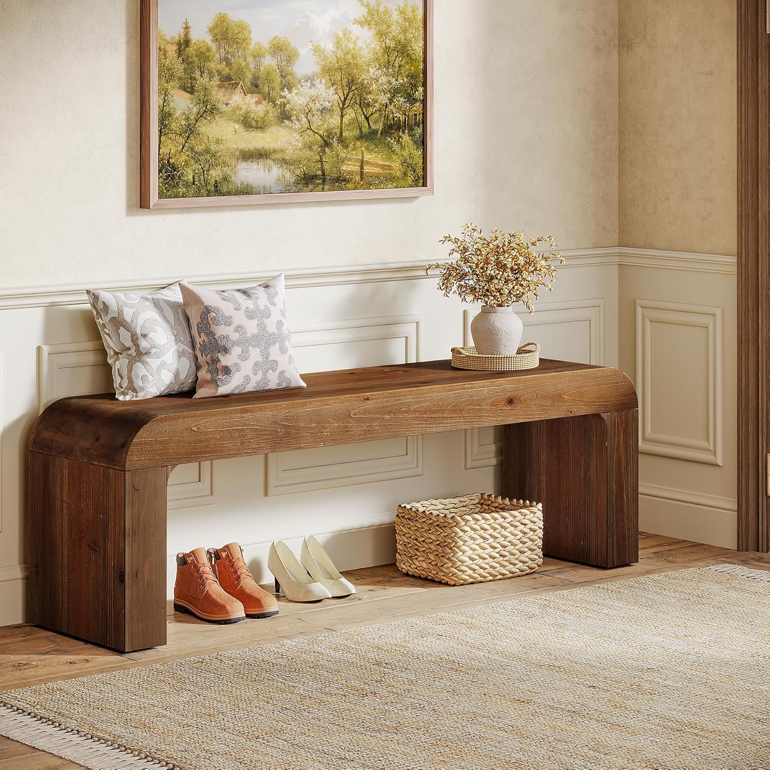Solid Wood Dining Bench, 55" Wood Bench Indoor for Entryway, End of Bed Bench with Thick Block Seat, Modern Farmhouse Wooden Bench for Dining Table, Bedroom, Hallway, Rustic