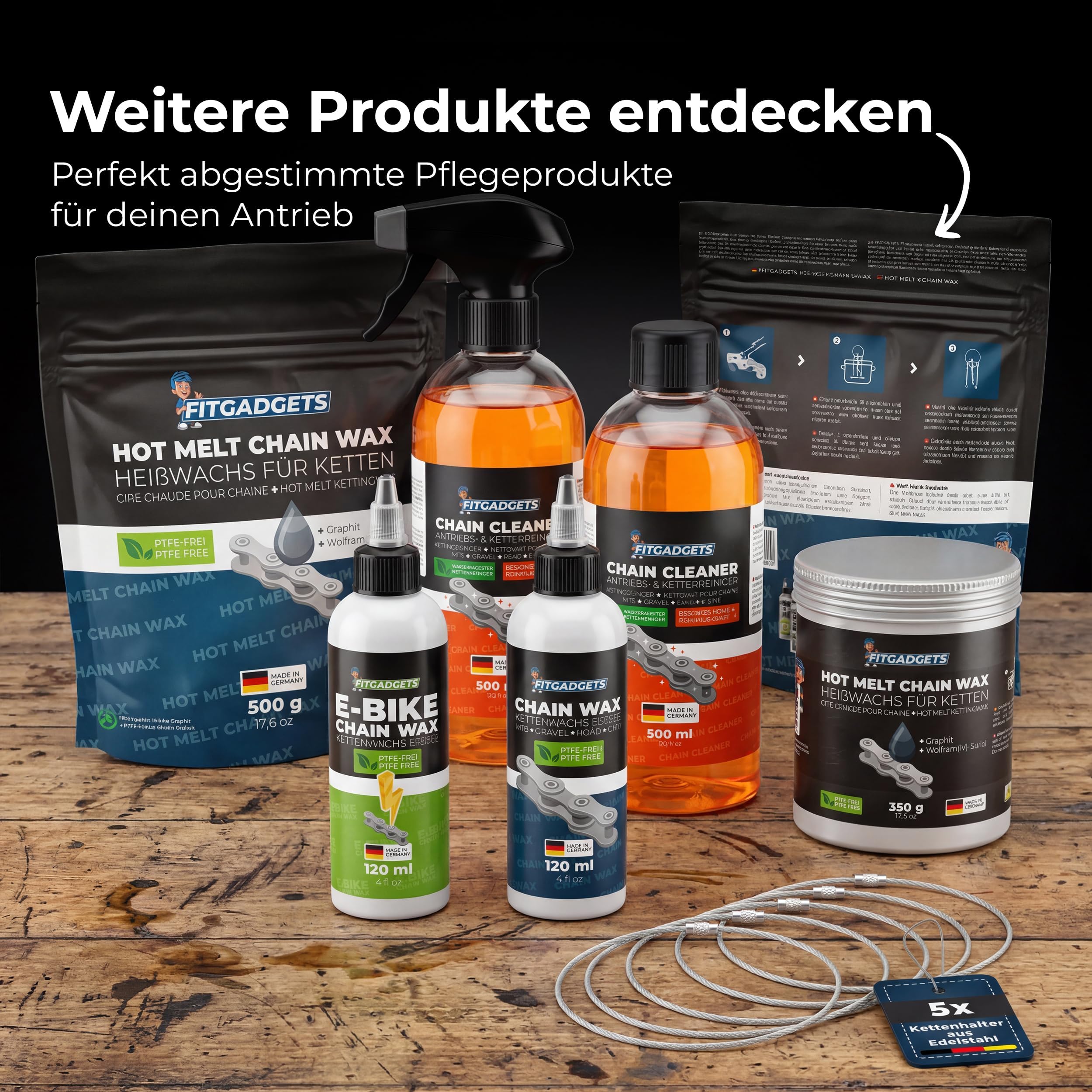 Fitgadgets Chain Wax Complete-Set, Kettenwachs Spar-Komplettset, 500g Heißwachs, 120ml Kettenwachs, 5 Kettenhalter, 500 ml Kettenreiniger & Reinigungsdose für Gravelbike, Rennrad, MTB & E-Bike
