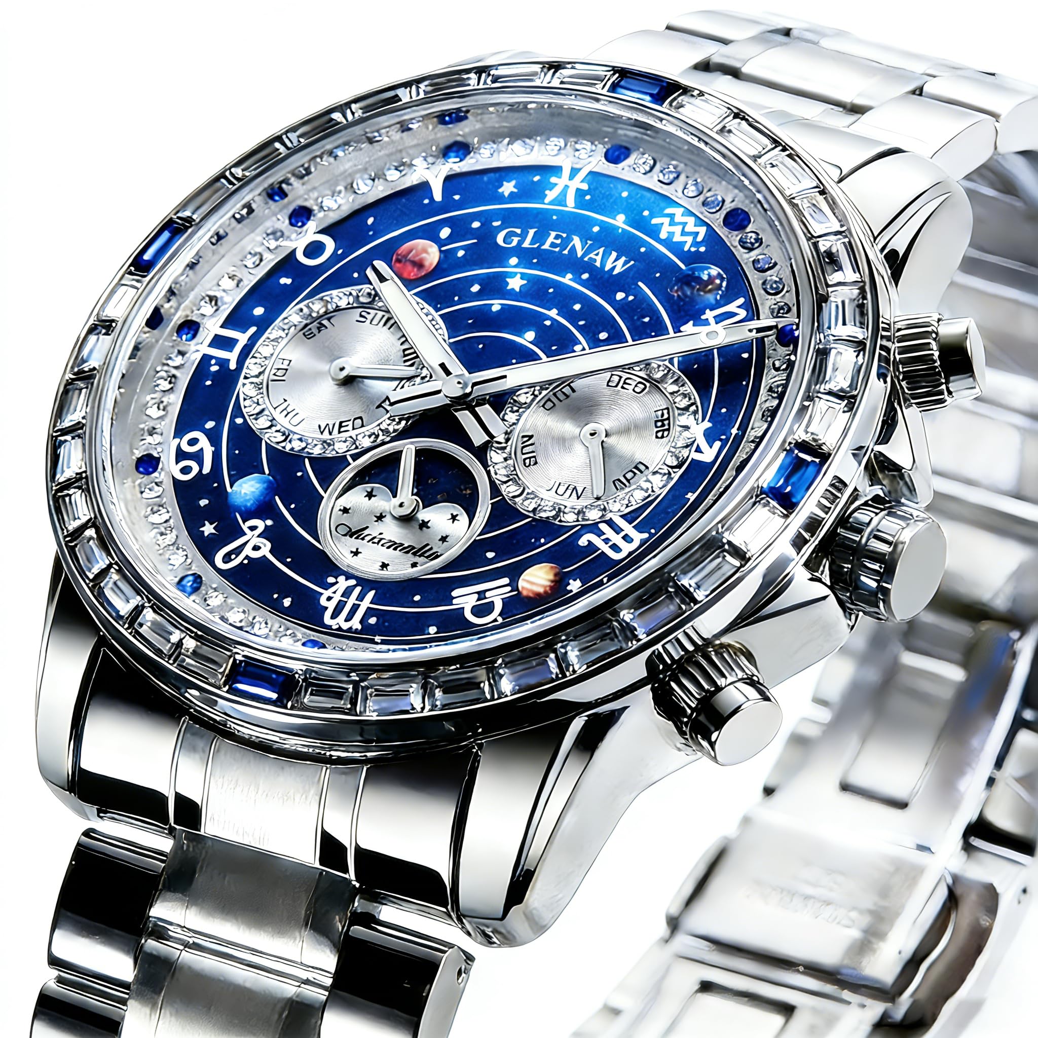 Glenaw Automatische Uhren für Herren und Herren, mechanische Uhr, drehbares Zifferblatt mit himmlischem Stern, Tag, Datum, Monat, Mondphasenanzeige, selbstaufziehende Uhr, Leuchtzeiger