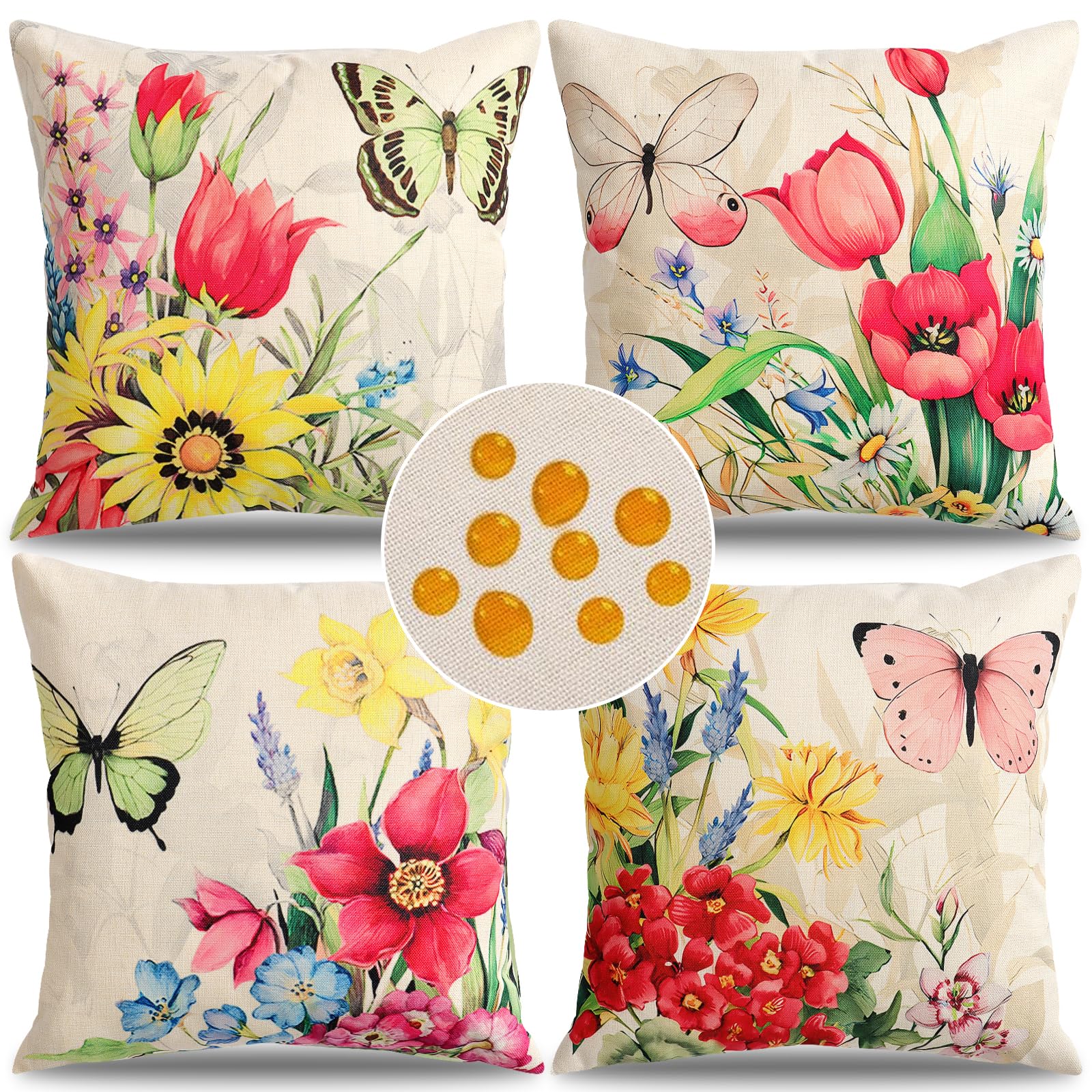 ASTNIC Outdoor wasserdichte Kissenbezüge 45 x 45cm Set mit 4 Kissenbezügen mit Blumenschmetterling Bedruckt Bauernhaus Boho Dekorative Kissenbezüge für Terrassencouch Gartenbalkon (Bunt)