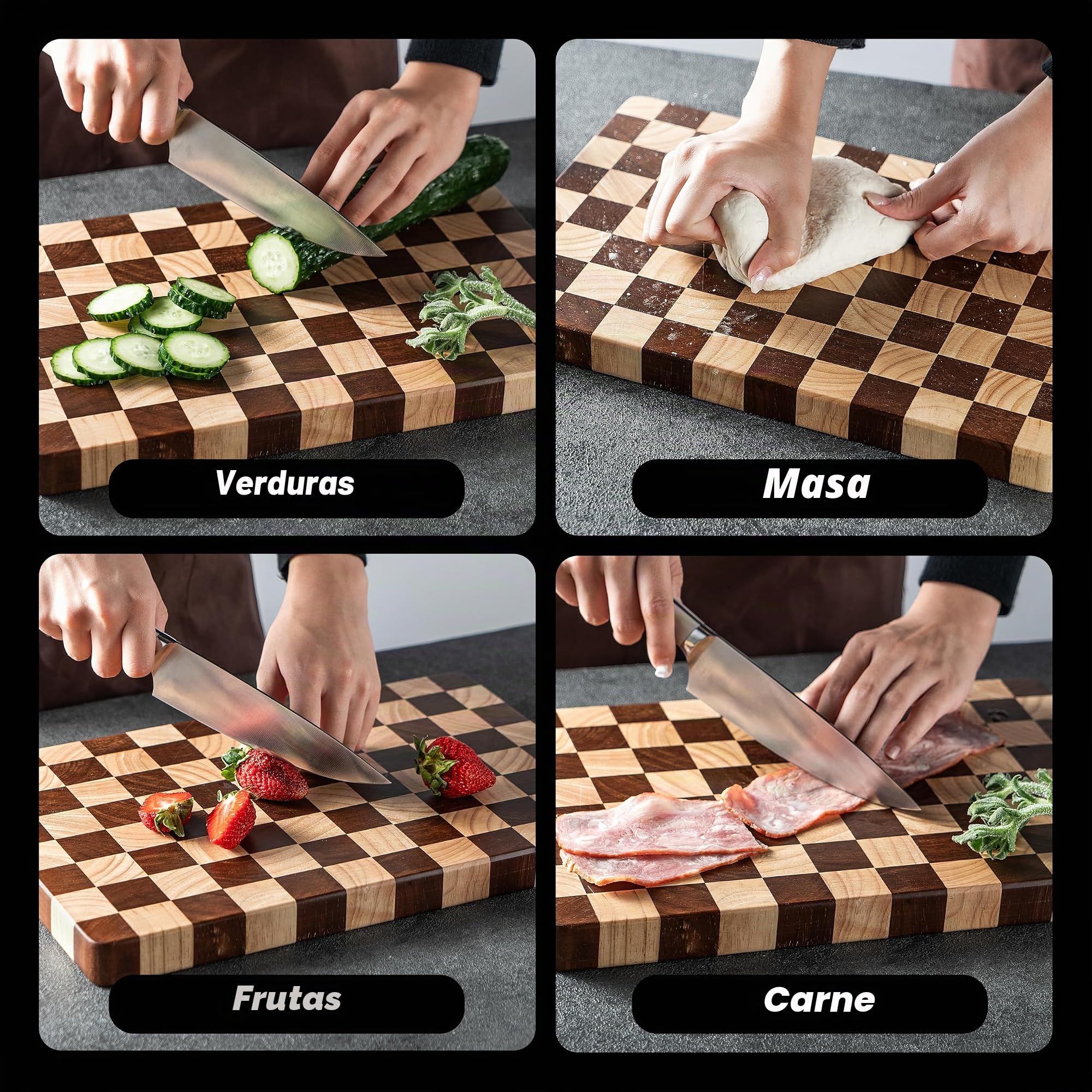 Bill.F - Tabla de cortar de madera, 36 x 24 x 2,5 cm, con patrón de tablero de ajedrez y asas laterales interiores, tabla de cortar ideal para cortar carne, cortar verduras, quesos y pan