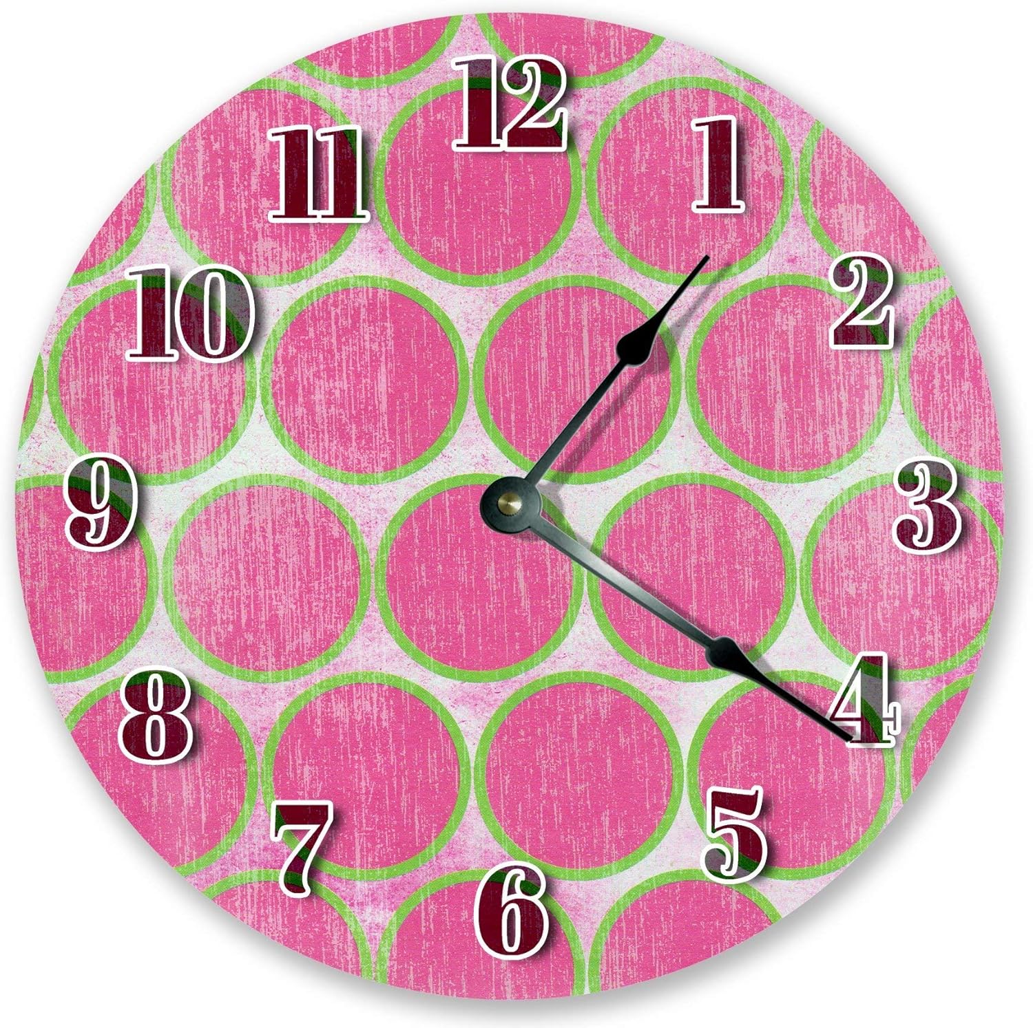 Lime Green Pink Dots Silent Non Ticking Round Battery Operated Handmade Hanging Large10.5 Inch Wall Clock for Bedroom Office Cottage Decoration