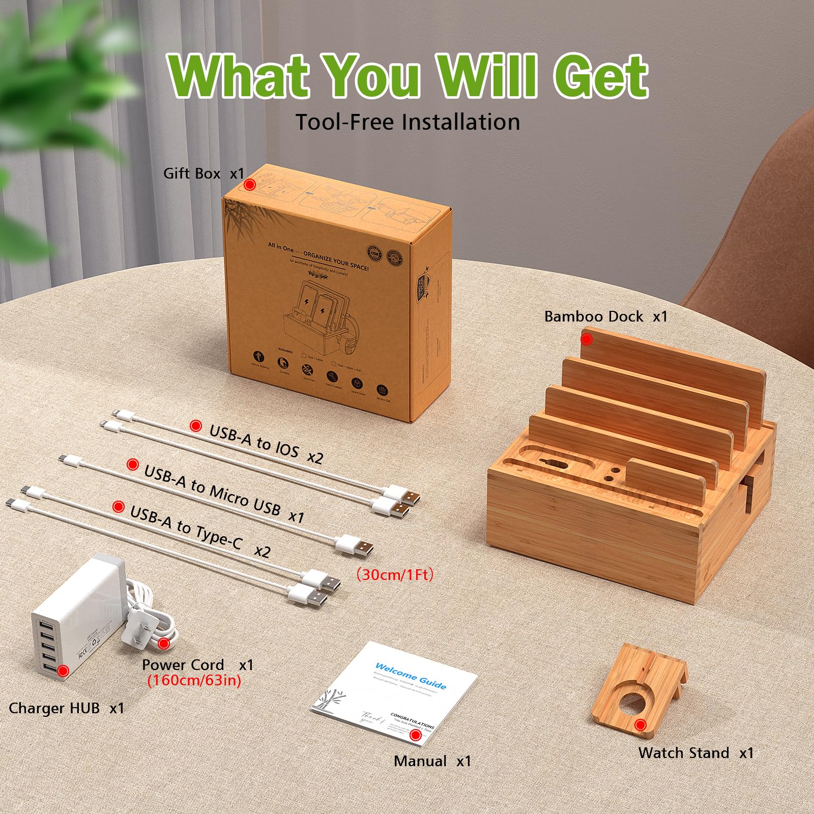 Pezin & Hulin Station de recharge en bambou avec support de montre, chargeur et câbles | Support en bois pour plusieurs appareils, téléphones, tablettes, montres et écouteurs, pas de montage nécessaire
