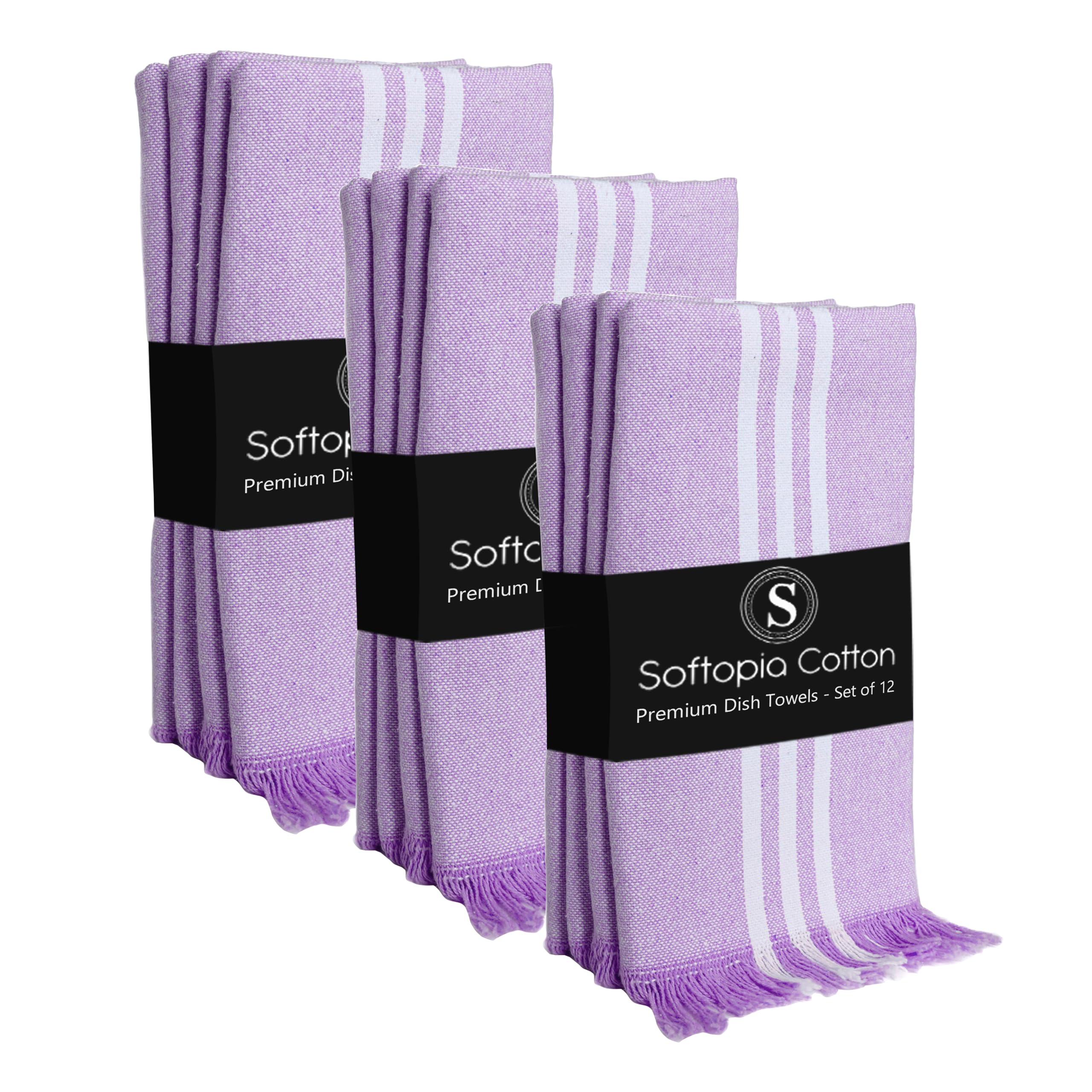 Striped Kitchen Towels 12 Pack, 16x26 Inches, 100% Cotton, Absorbent Dish Towels for Kitchen Drying, Reusable Dishcloths for Cleaning, Quick Dry Wash Rags for Everyday Use - Lavender