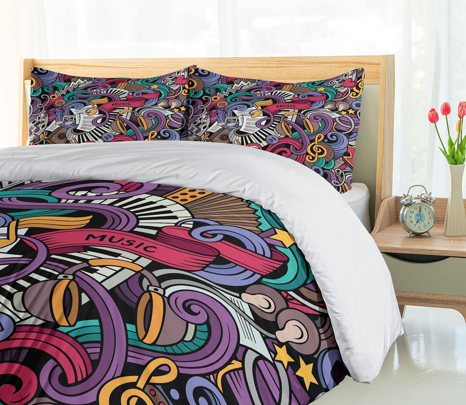 Ambesonne Hipster Duvet Cover Set, Music Themed Hand Drawn Abstract Instruments Microphone Drums Keyboard Stradivarius, Decorative 2 Piece Bedding Set with 1 Pillow Sham, Twin Size, Coral Purple Twin Coral Purple