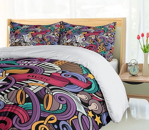 Miniatura 4 de Ambesonne Juego de funda de edredón hipster, diseño musical dibujado a mano, instrumentos abstractos con micrófono, tambores y teclado,