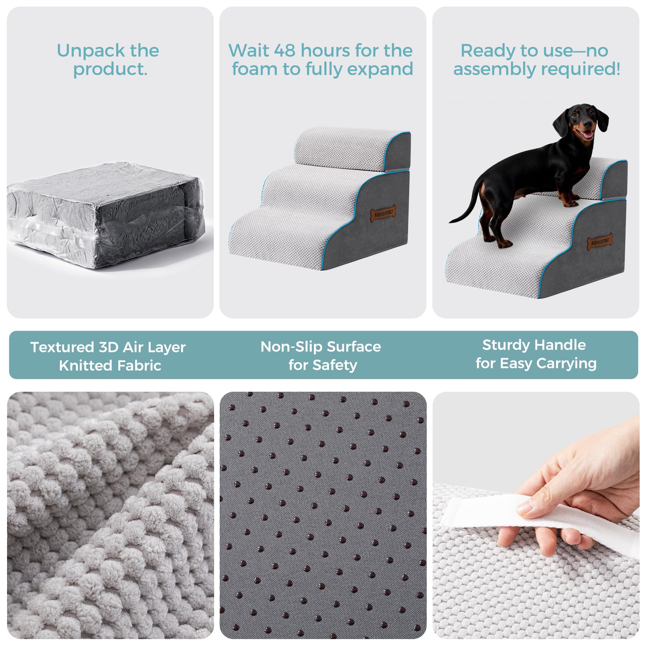 Escalier pour Chien Amovible 33-61cm, Rampe pour Lit Haut & Canapé, Mousse 40D Robuste, Antidérapant, Lavable, Rouleau Anti-Poils, Gris