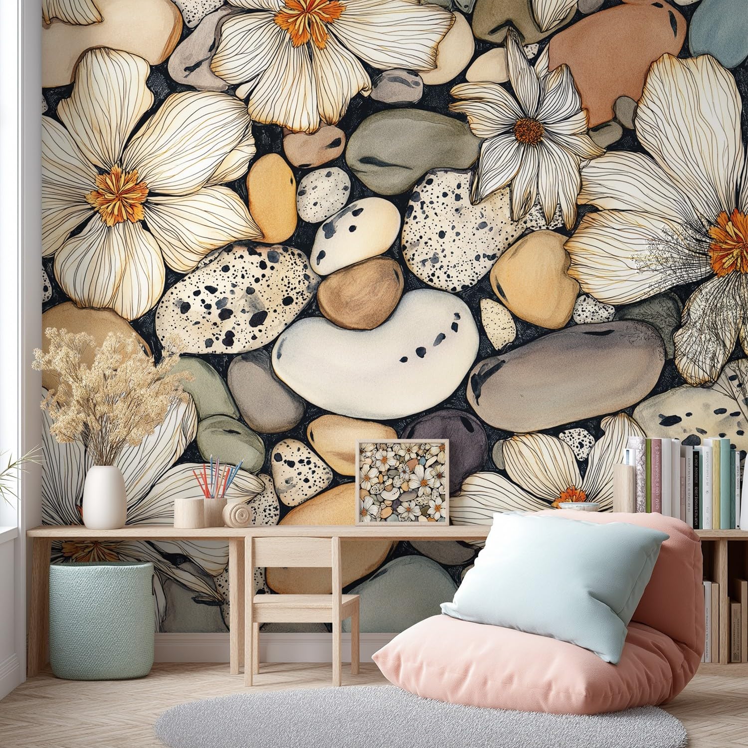 Panoramiczna niestandardowa tapeta 3D mural japoński, elegancki, wyciszony wzór, kwiatowy, kamień, dekoracja botaniczna plakat obraz projekt murale sztuka ścienna do sypialni pokoju nastolatka