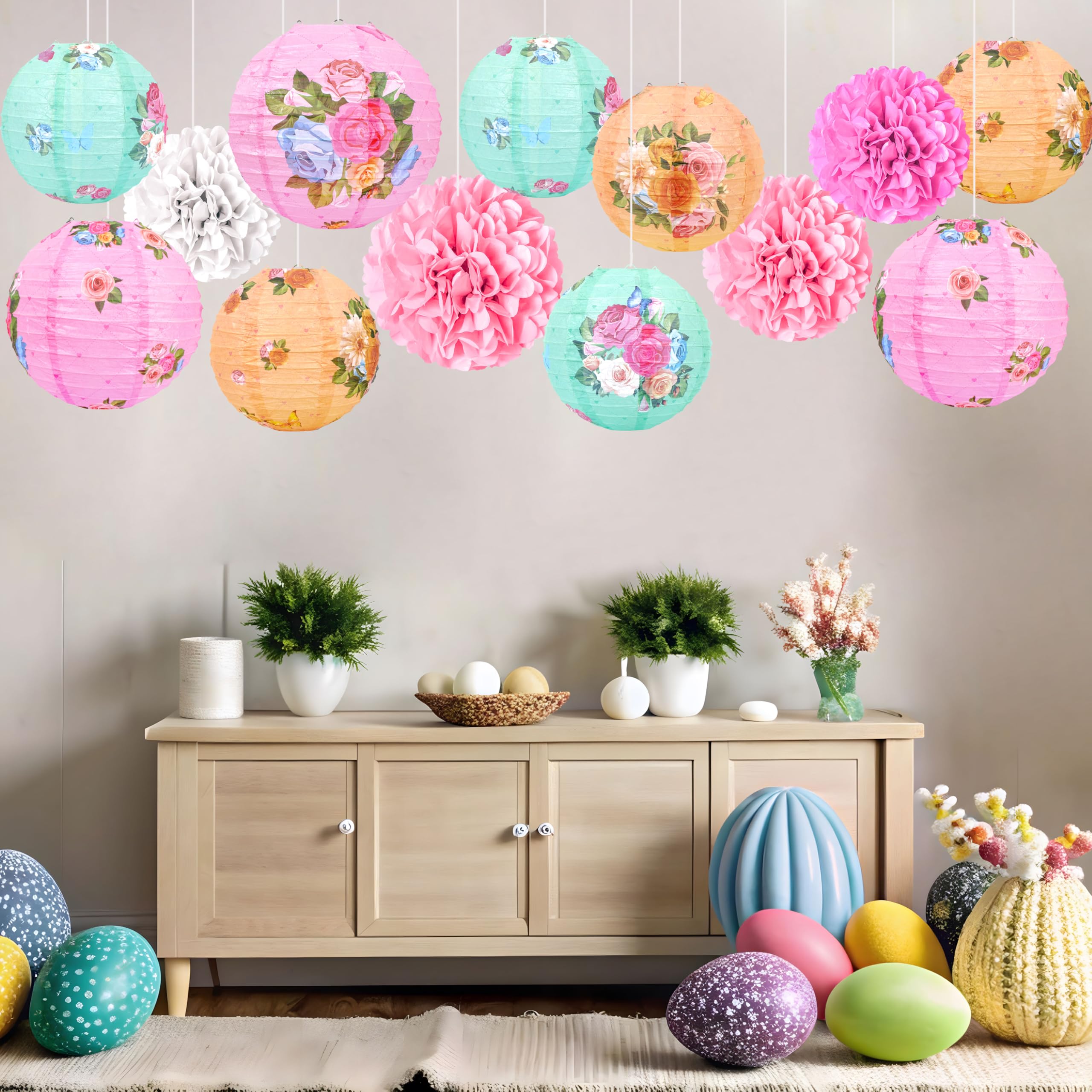 33 piezas de decoración de fiesta de té, faroles de papel, pompones, decoración colgante para jardín y hogar