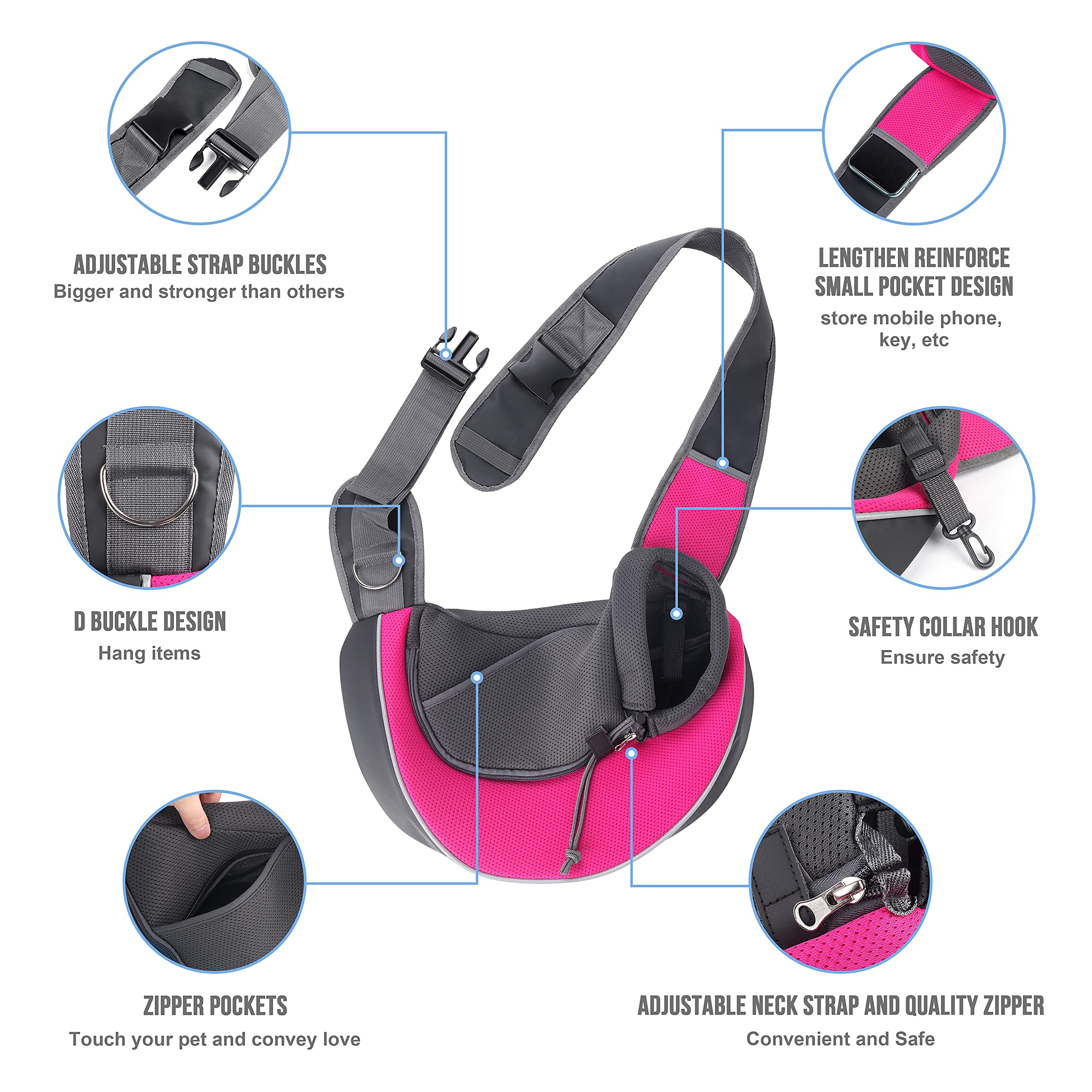 YUDODO Pet Dog Sling Carrier Mesh Hand Free Adjustable Dog Satchel Carrier Bag Papoose Crossbody for Small Medium Dog Cat Rabbit (S(up to 5 lbs), Pink)