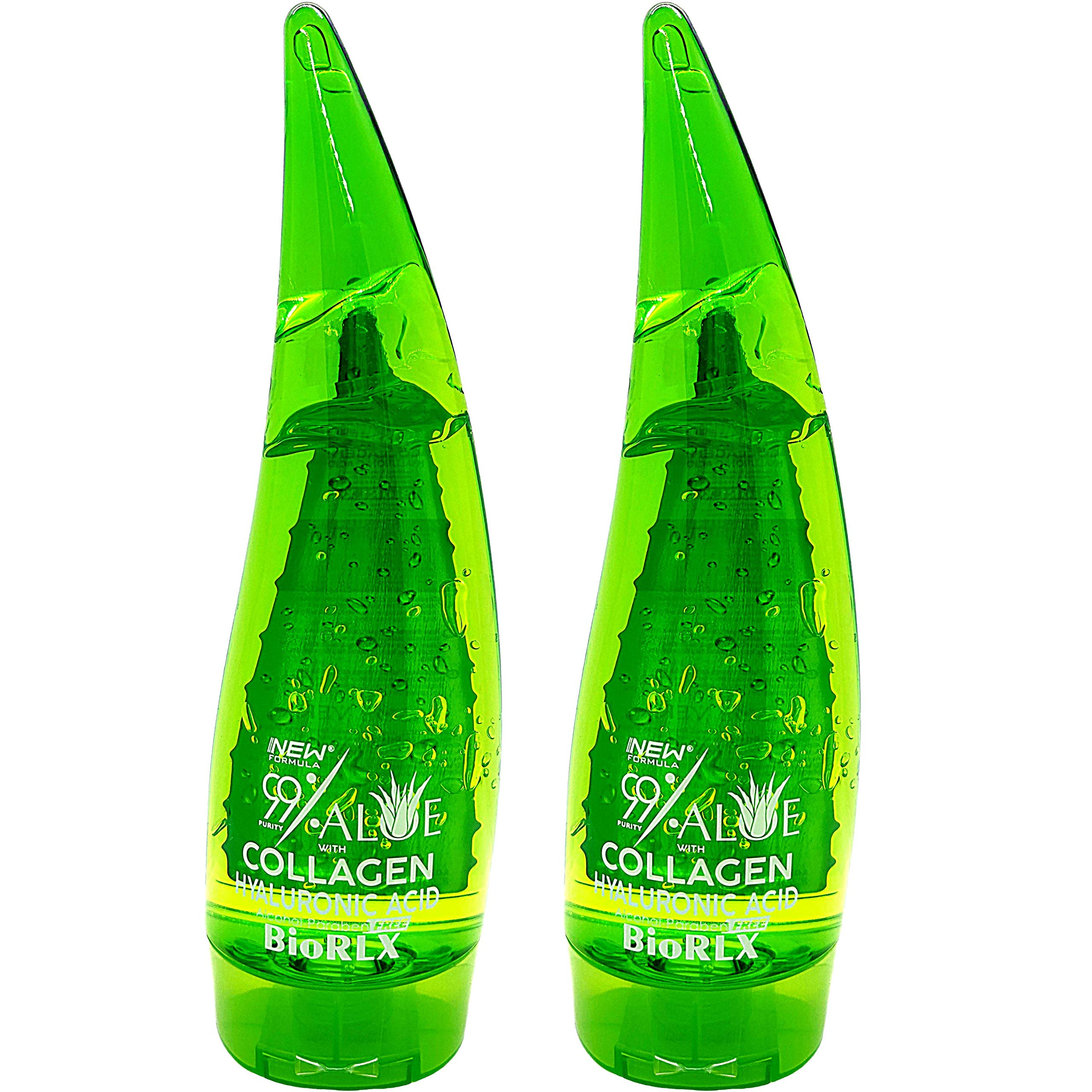 BioRLX 99% Purity Aloe Vera Gel with Collagen and Hyaluronic Acid for Face, Body and Hair & Soothing, Moisture, After-Sun, Aftershave, Dry Skin (Two Bottles, 250 ml)
