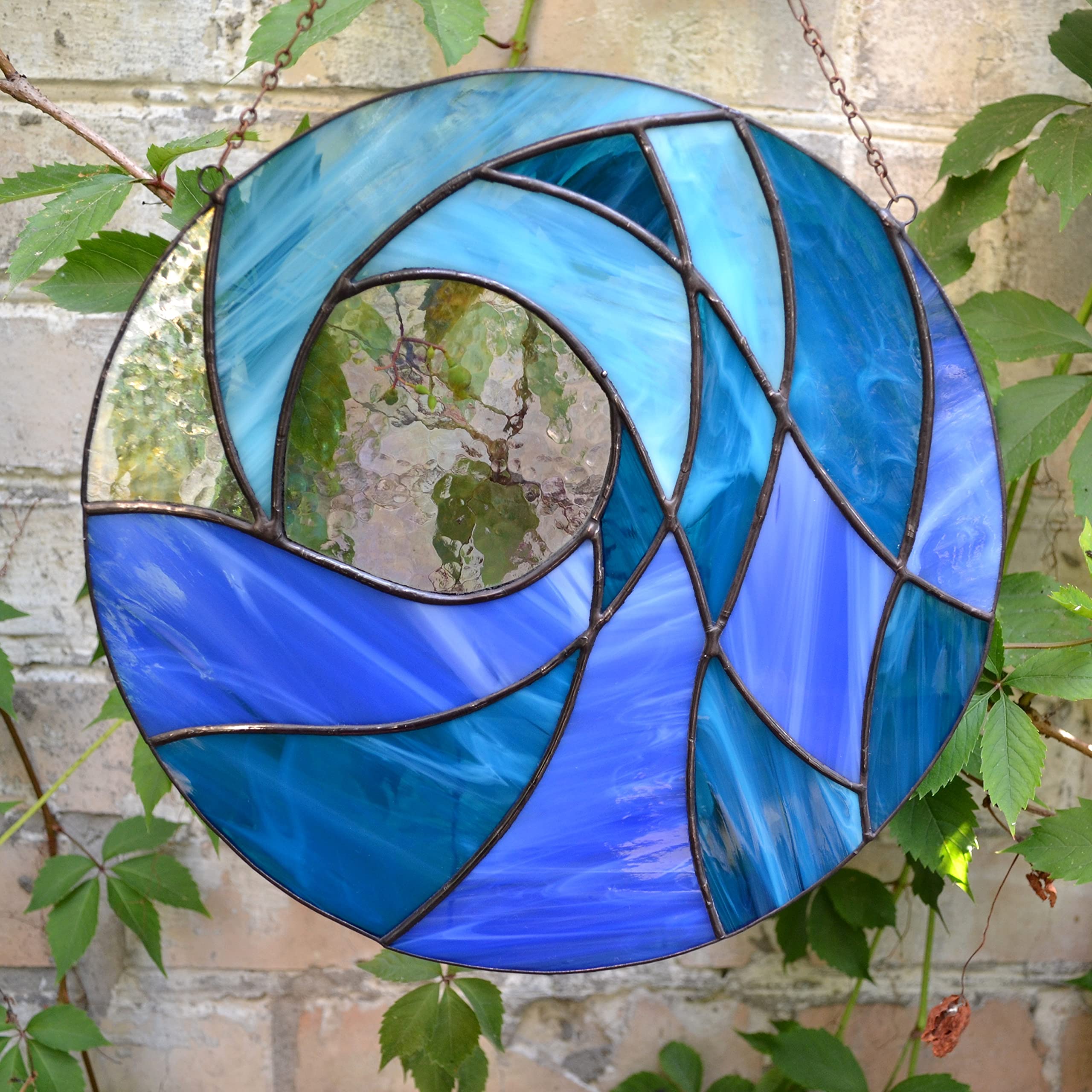 Blue Crashing Ocean Wave Stained Glass Panel 10 Inch Window Hangings or Wall Decor, Beach Themed Suncatcher