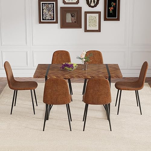 Miniatura 7 de Juego de mesa de comedor para 6, moderna mesa de comedor de madera de 55 pulgadas con sillas de comedor de tela, juego de 6, juegos de comedor para
