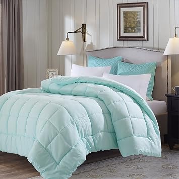 EVOLIVE All Season Comforter Ultra Soft Pre-Washed Microfiber Down Alternative Duvet Insert, Medium Weight, Fluffy, Box Stitching Mint, Full/Queen
