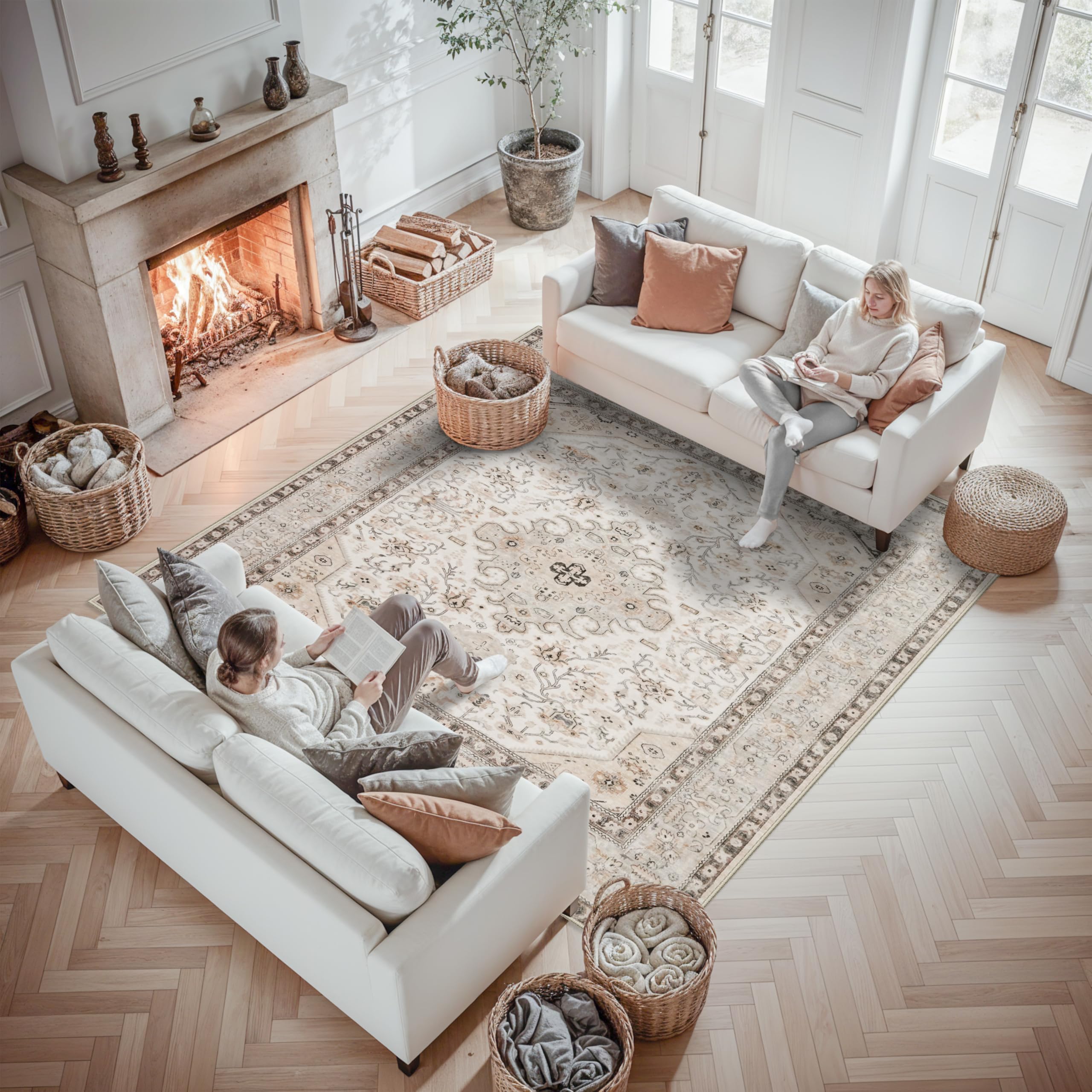 7x7 Area Rug Square for Living Room: Oriental Washable Rugs for