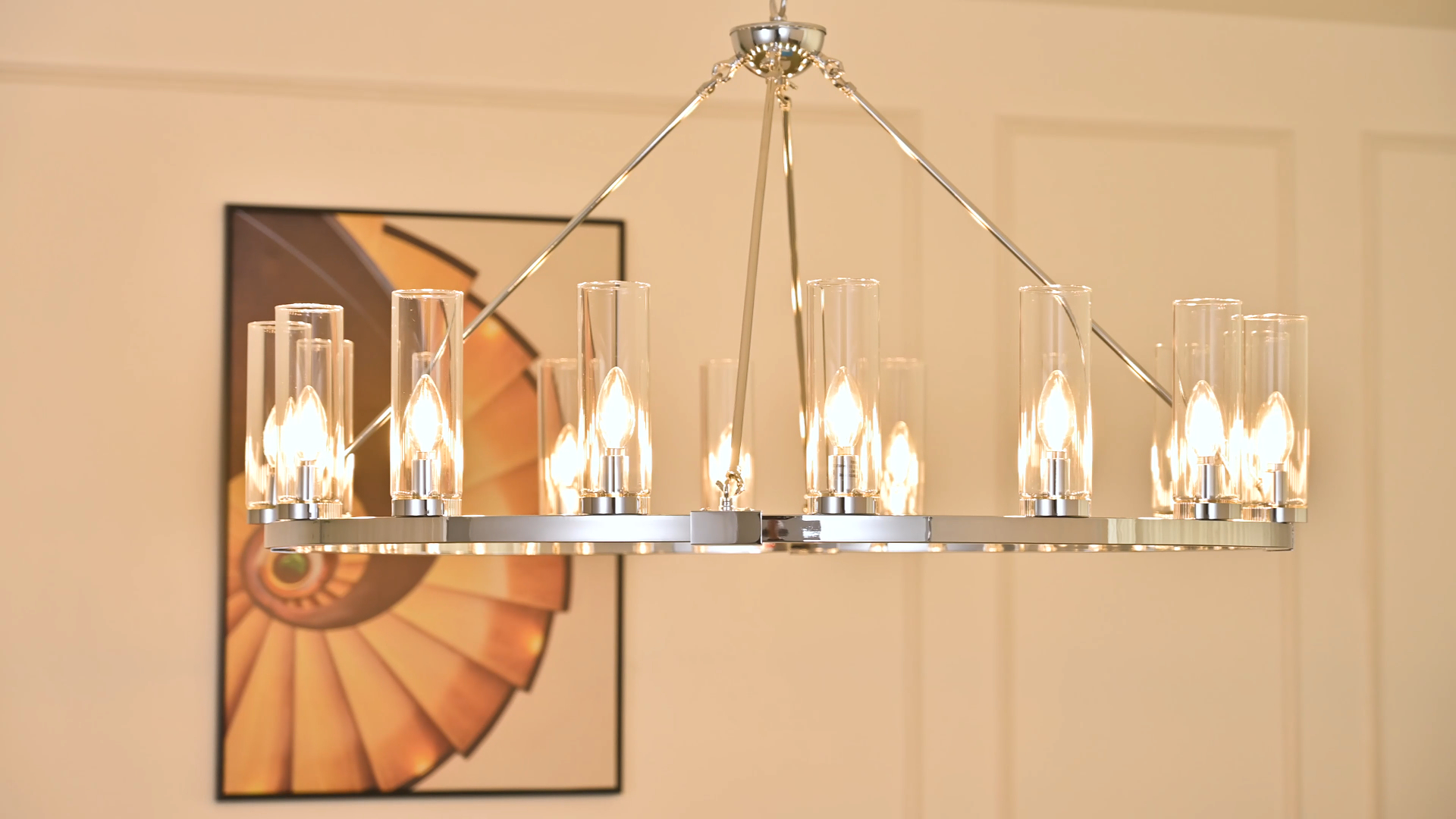 Image of 16 Light Large Wagon Wheel Chandelier with Clear Glass Shade Chrome Round Pendant Light Farmhouse Industrial Chandeliers Dining Room Light Fixture for Stair Living Room Foyer Kitchen