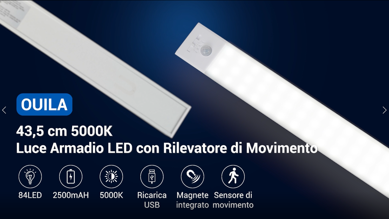 Gritin Luce LED Armadio 2 Pezzi Con Sensore Di Movimento, 128 LED, 3 Temperature Colore, 5 Luminosità, Ricaricabile USB-C, Magnetica Per Cucina E Sottopensile - 3