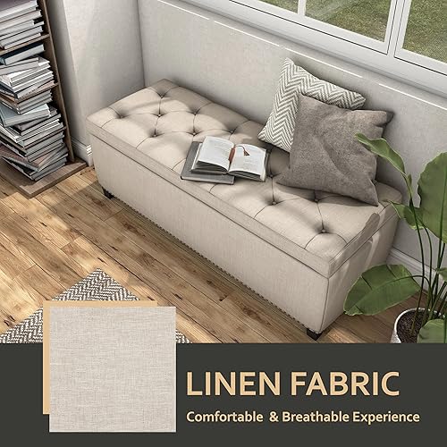 Miniatura 16 de 24/7 Shop at Home Sacallant - Banco de almacenamiento en el extremo de la cama, reposapiés otomano largo elevador, reposapiés tapizado de lino con