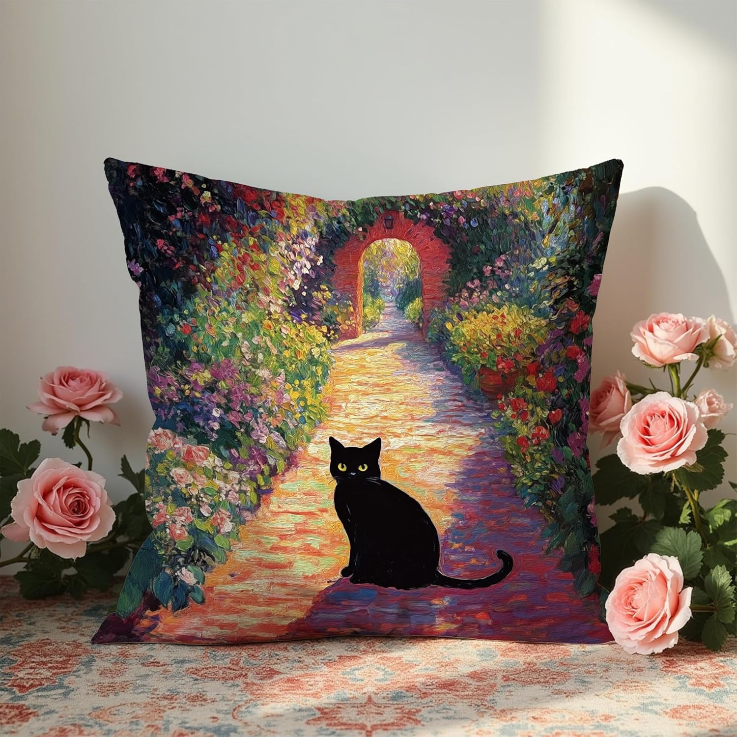 Abstract Garden Path Black Cat Pillow Covers 18x18, Black Cat Gifts for Women Mom Lady Grandma Gifts, Whimsical Botanical Kitten Decorative Pillow Covers for Home Bedroom Office - Image 5