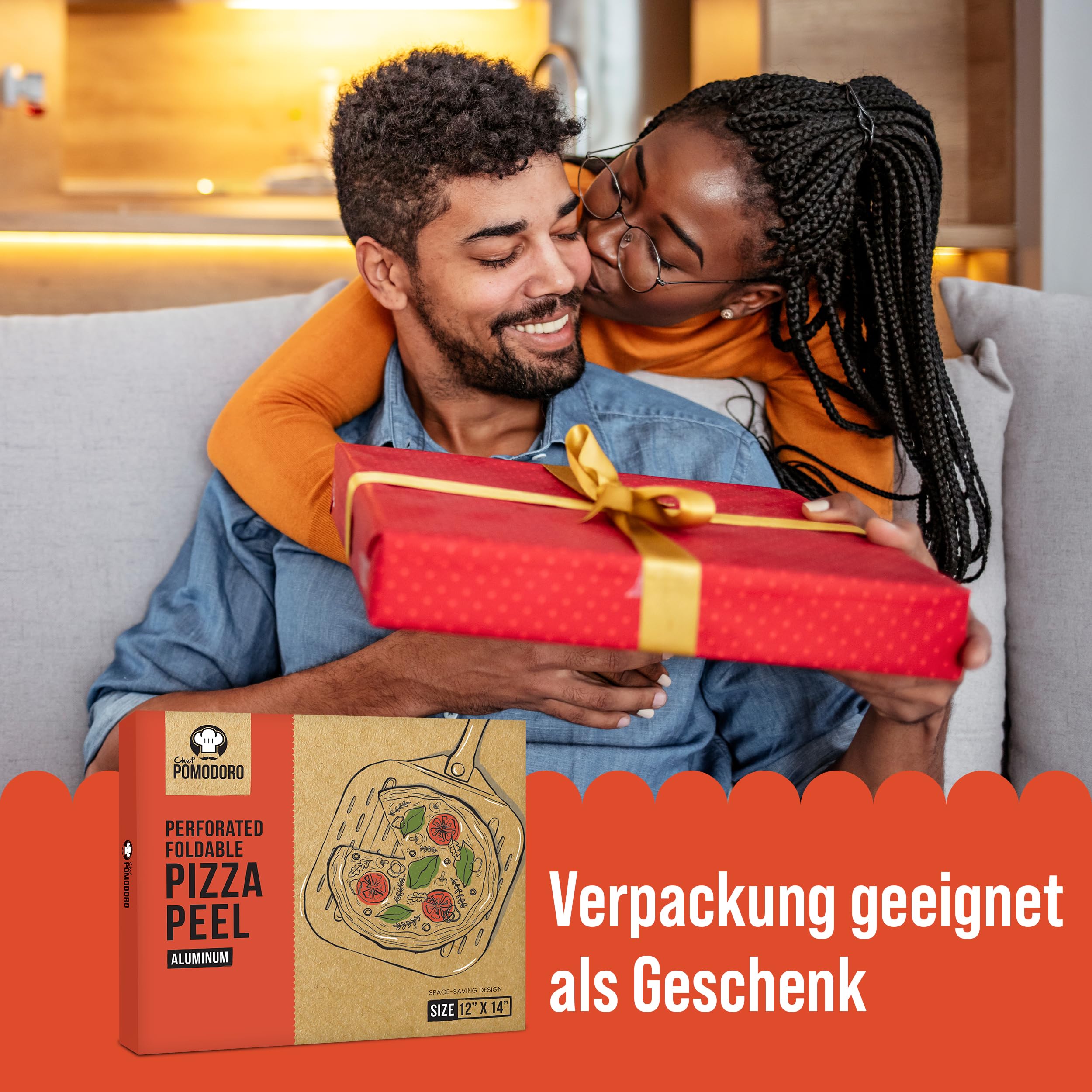 Chef Pomodoro - Pizzaschieber - 30,5 x 35,6 cm - Faltbarer Griff - Perforierte Aluminium Pizzaschaufel zum einfachen Einschieben des Pizzateigs - Perfekt als Backofenzubehör und für Hobby Pizzabäcker