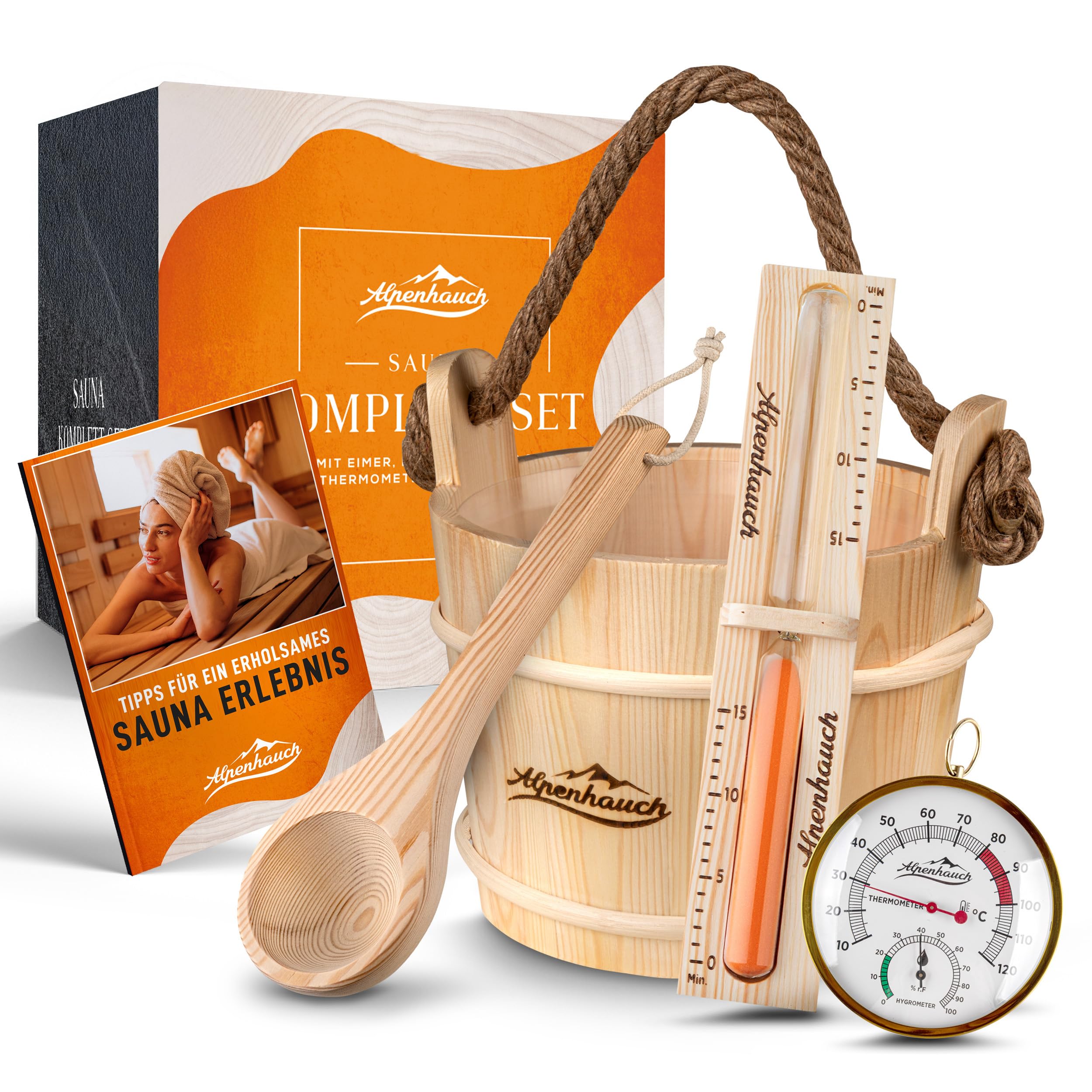 ALPENHAUCH Sauna Eimer mit Kelle 100% Naturholz - Saunakübel mit Sanduhr & Thermometer - Sauna Zubehör Aufgusseimer Set