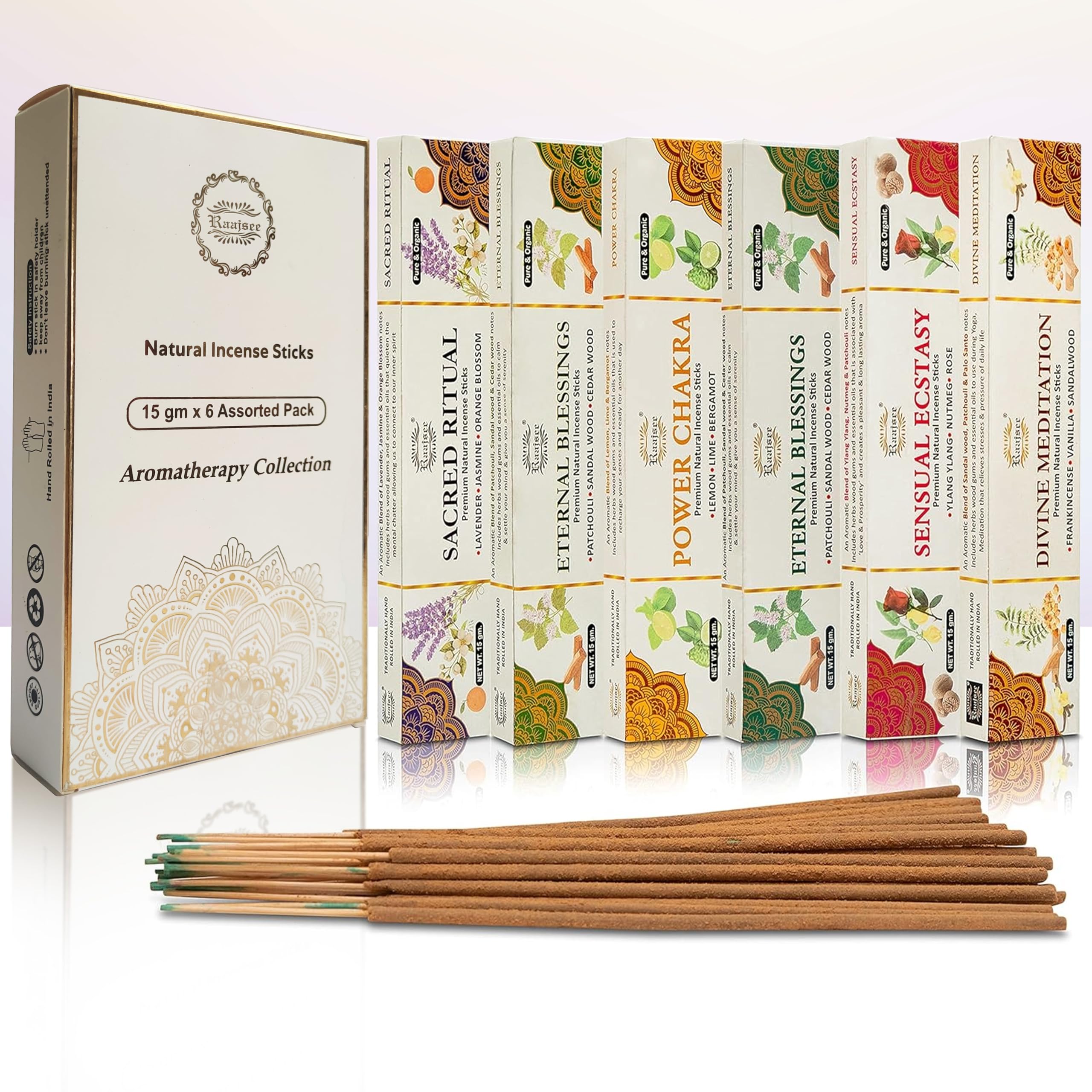 raajsee Incense Sticks 6 Pack Variety Set 15gm Each,Divine Meditation-Power Chakra-Eternal Blessing-Sensual Ecstasy- Sacred Ritual- Ancient Yoga- Spa Collection