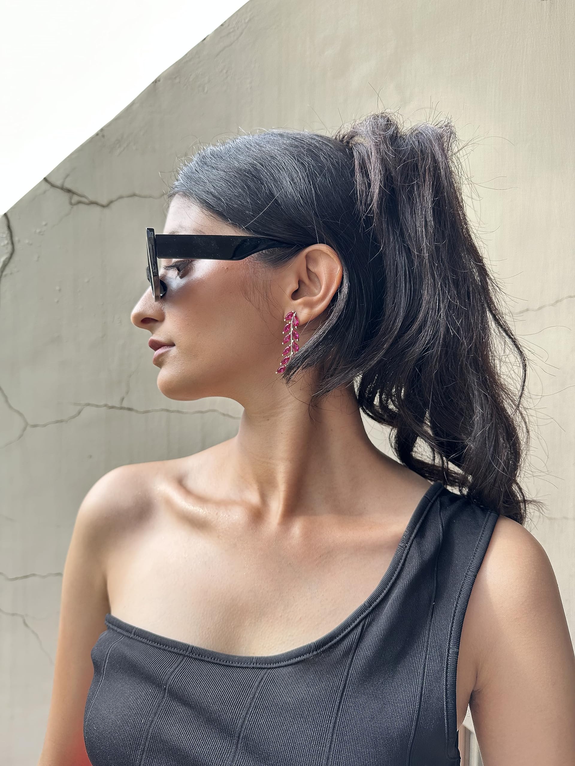Rosa caldo CZ pietra preziosa foglia Orecchini | Gioielli Barbie fatti a mano in argento sterling 925
