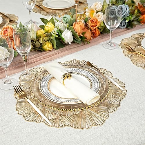 Miniatura 6 de Evevda Juego de 6 manteles individuales redondos con hojas de ginkgo dorado de 15 pulgadas, lavables, para decoración de vacaciones, para