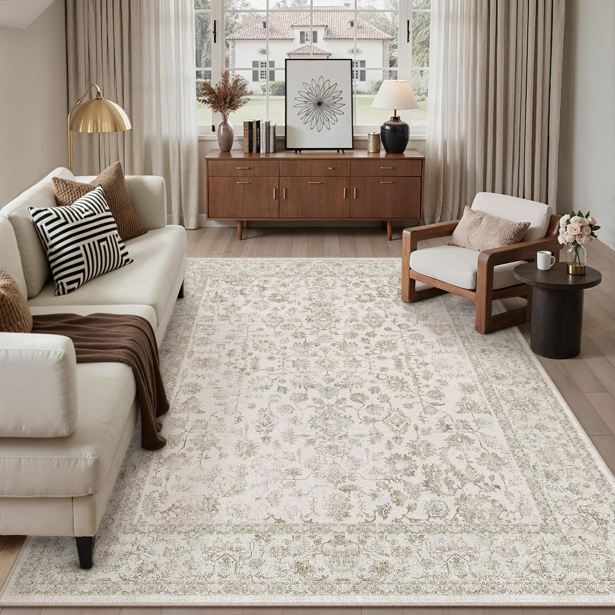 PureCozy 10x12 Beige White Area Rug Washable Non Slip Vintage Living Room